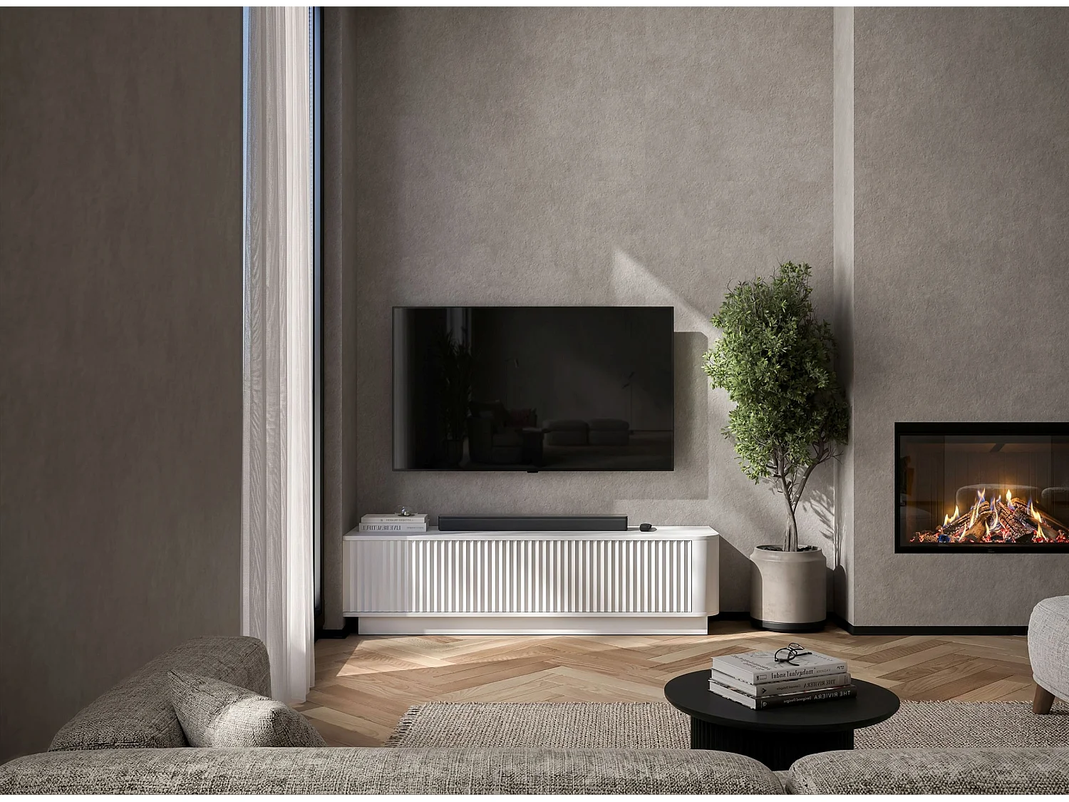 Meuble TV 2 portes, façades en relief, blanc mat, sur socle, 140 cm - AURORA