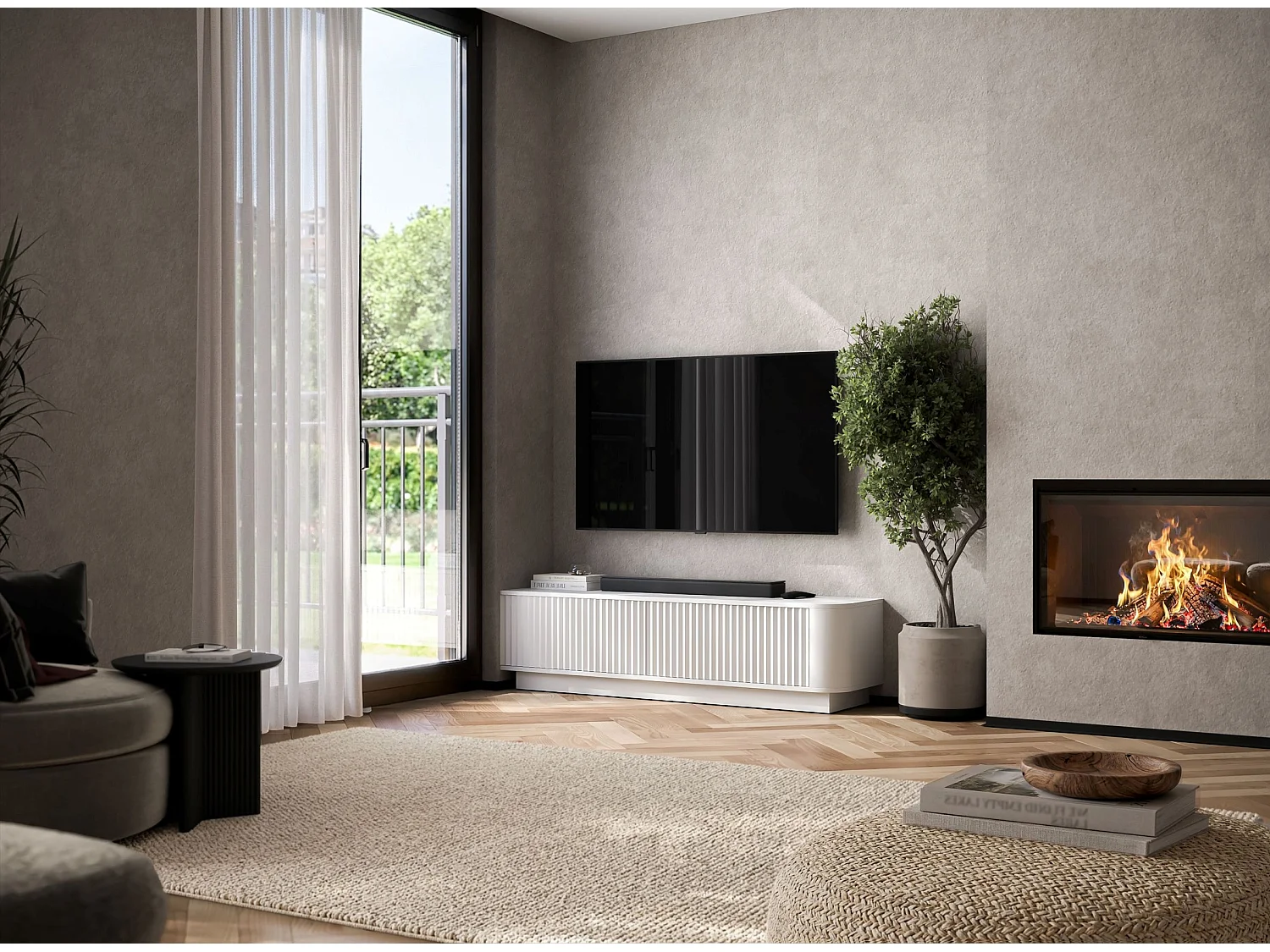 Meuble TV 2 portes, façades en relief, blanc mat, sur socle, 140 cm - AURORA