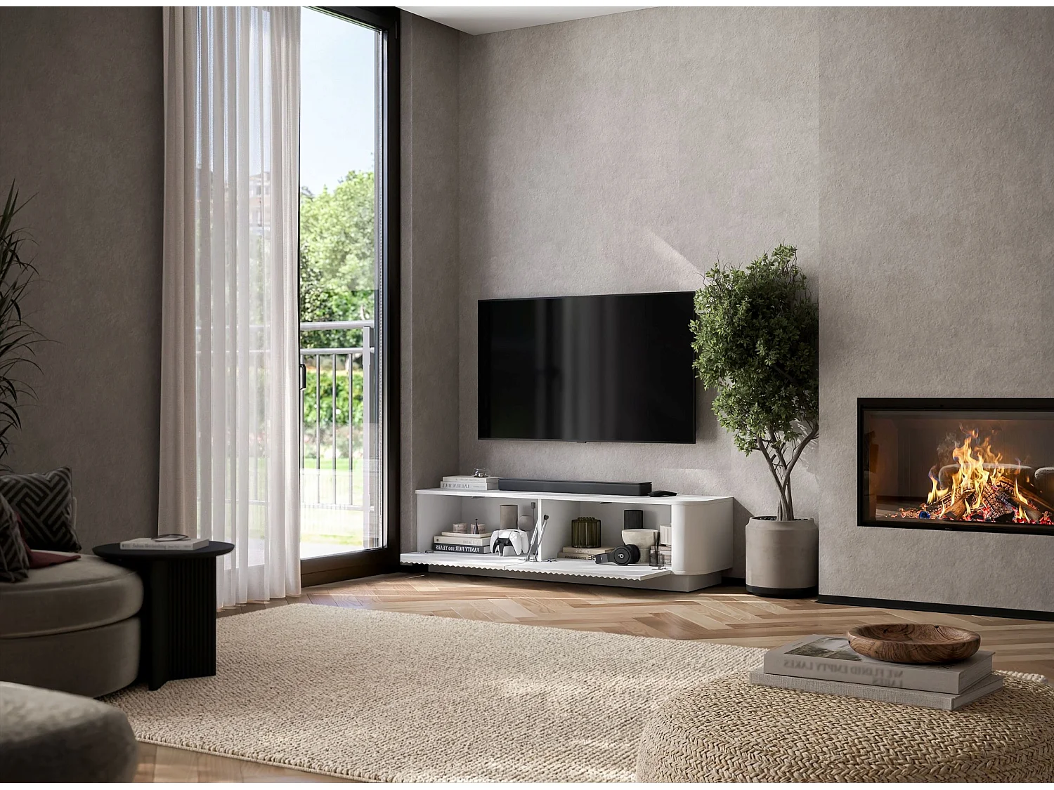Meuble TV 2 portes, façades en relief, blanc mat, sur socle, 140 cm - AURORA