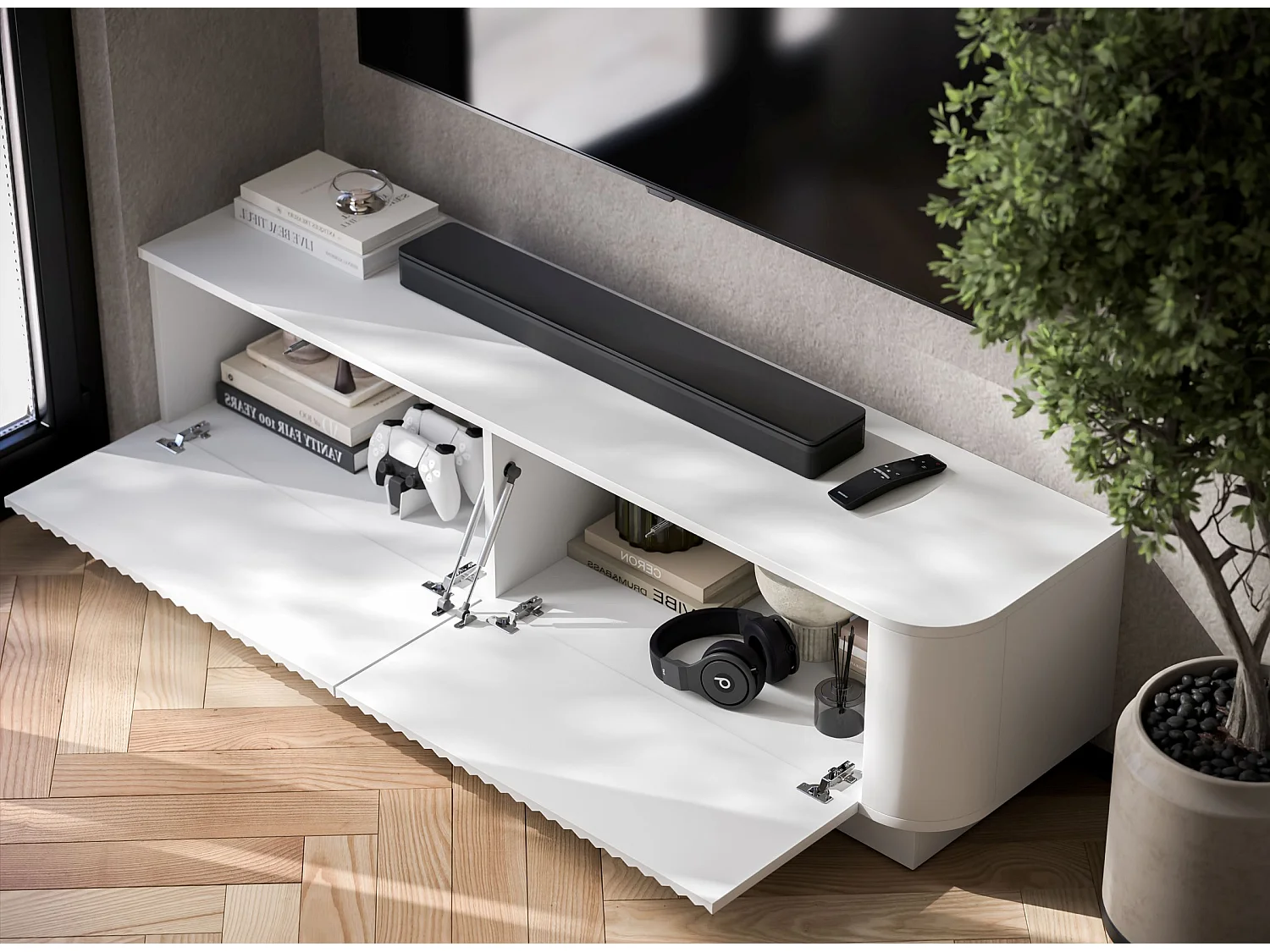 Meuble TV 2 portes, façades en relief, blanc mat, sur socle, 140 cm - AURORA