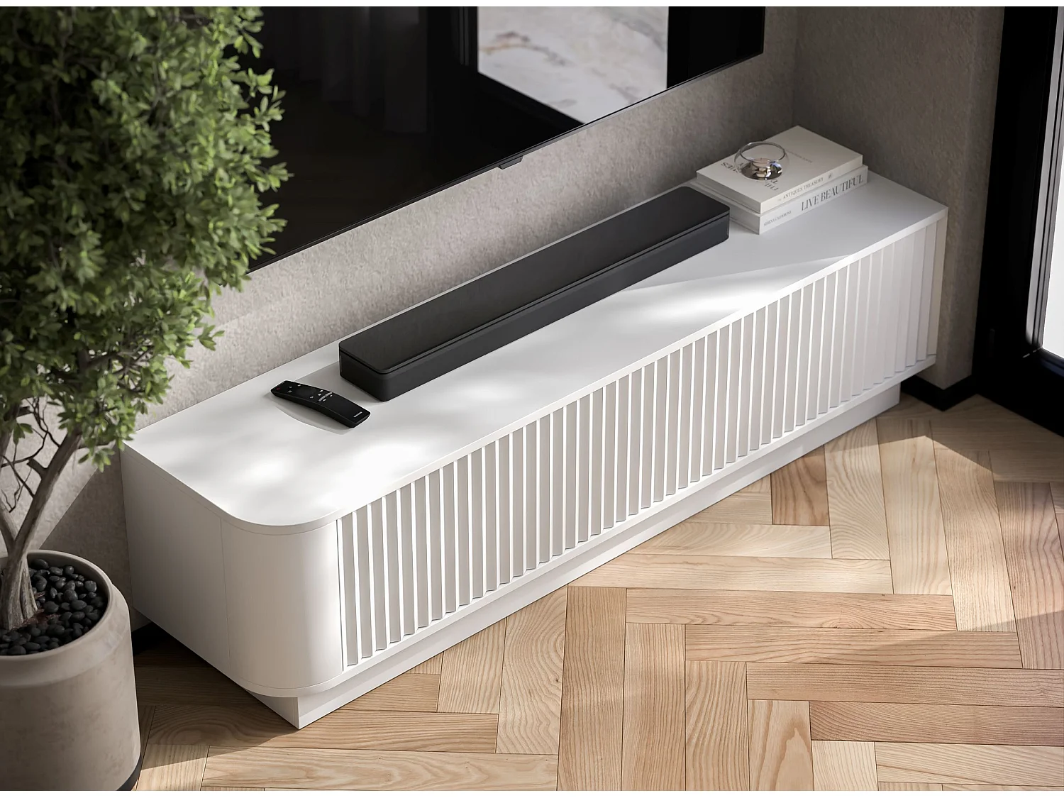 Meuble TV 2 portes, façades en relief, blanc mat, sur socle, 140 cm - AURORA