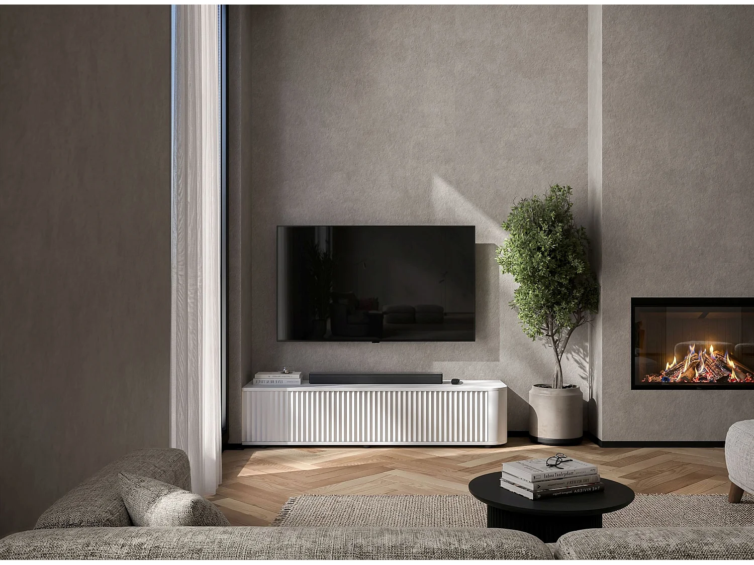 Meuble TV 2 portes, façades en relief, blanc mat, 140 cm - AURORA
