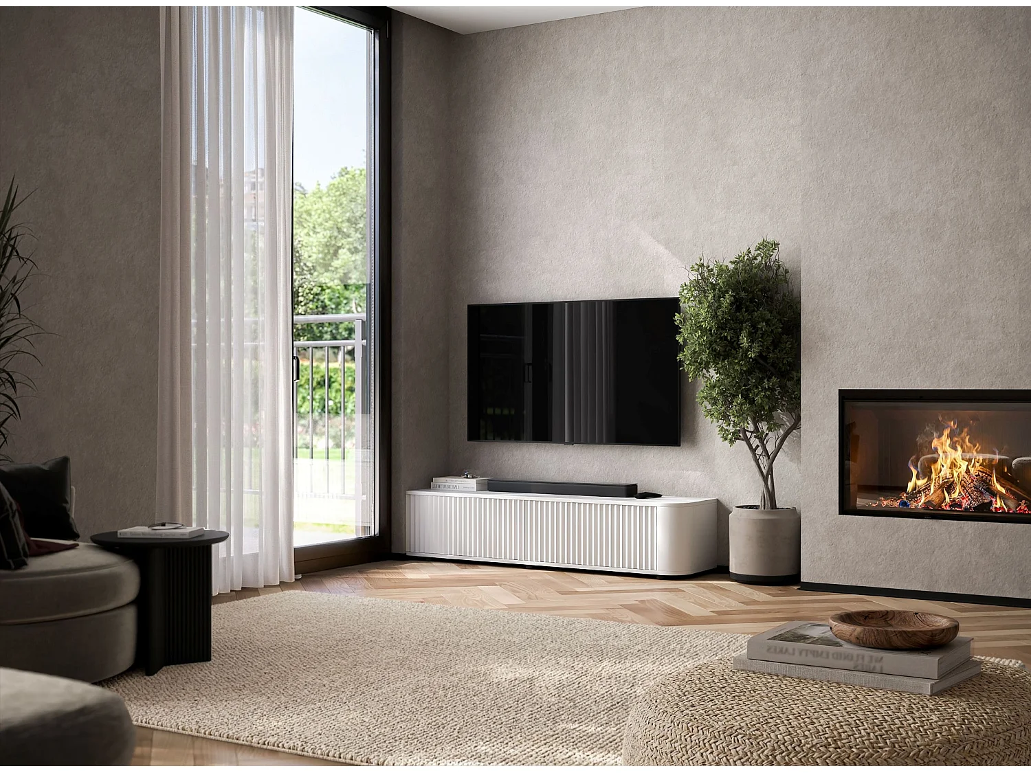 Meuble TV 2 portes, façades en relief, blanc mat, 140 cm - AURORA