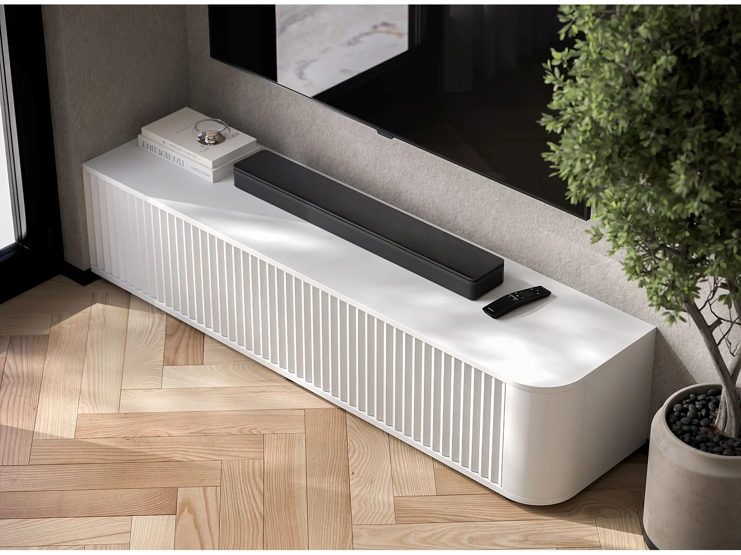 Meuble TV 2 portes, façades en relief, blanc mat, 140 cm - AURORA