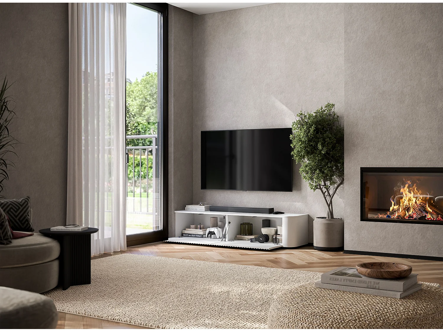 Meuble TV 2 portes, façades en relief, blanc mat, 140 cm - AURORA