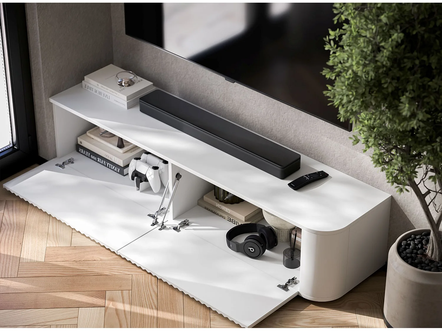 Meuble TV 2 portes, façades en relief, blanc mat, 140 cm - AURORA