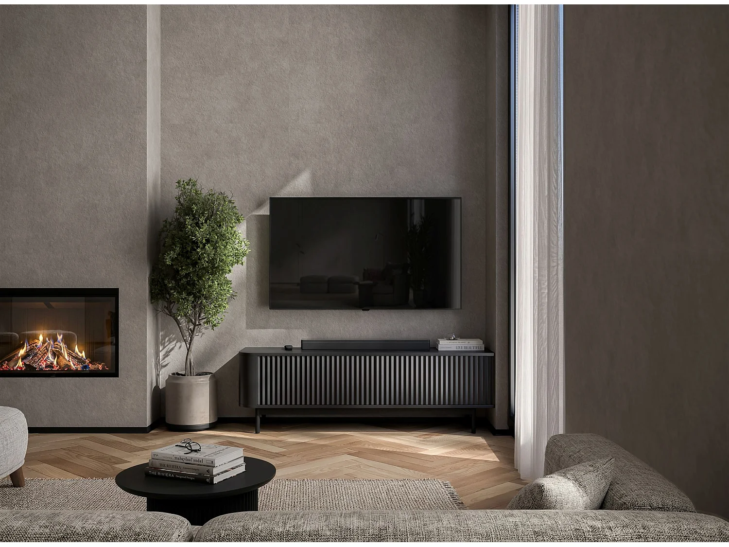 Mobile TV con 2 ante, frontali in rilievo, nero opaco, piedini in metallo nero, 140 cm - AURORA
