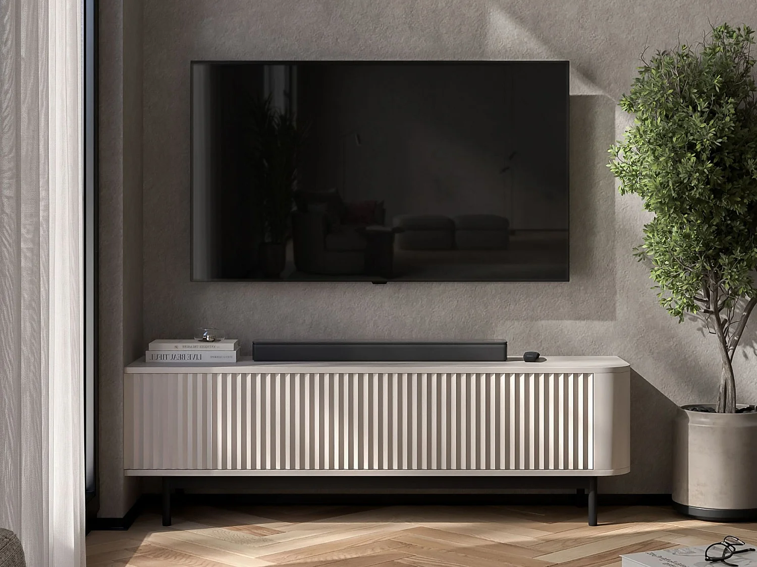 Mobile TV con 2 ante, frontali in rilievo, beige opaco, piedini in metallo nero, 140 cm - AURORA