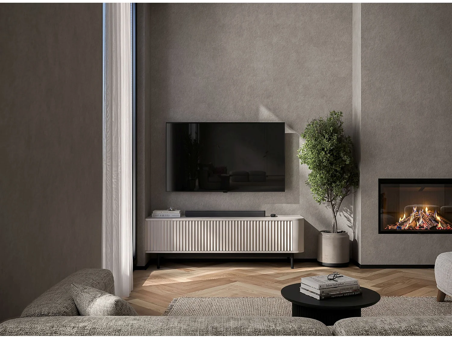 Mobile TV con 2 ante, frontali in rilievo, beige opaco, piedini in metallo nero, 140 cm - AURORA