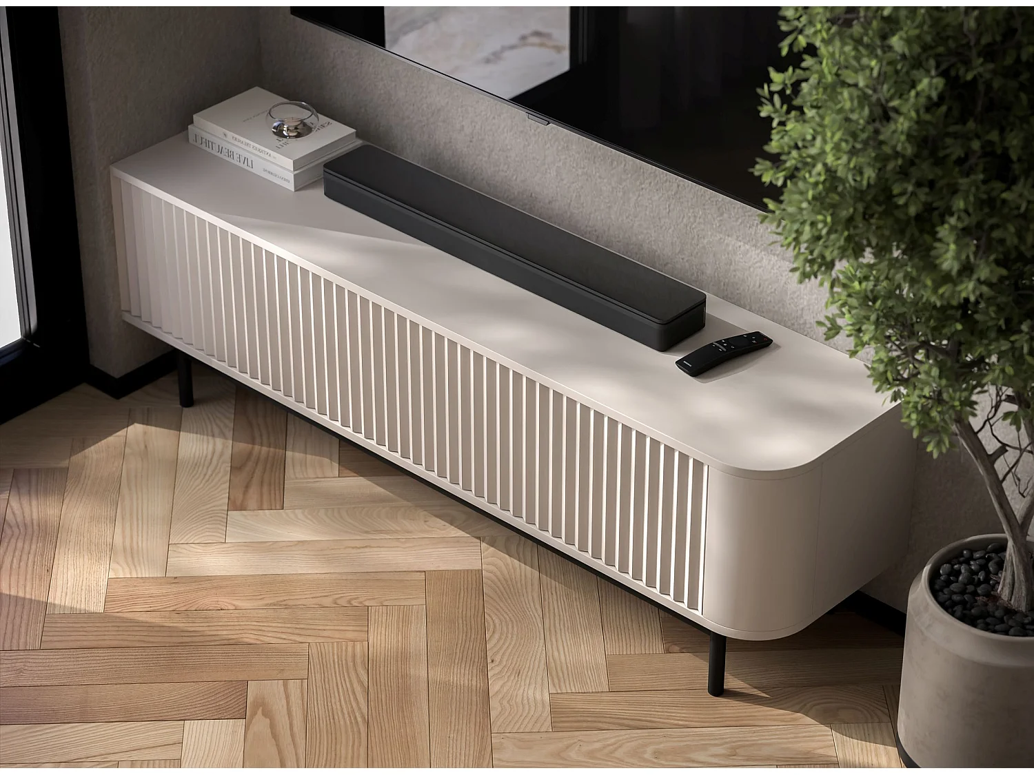 Mobile TV con 2 ante, frontali in rilievo, beige opaco, piedini in metallo nero, 140 cm - AURORA