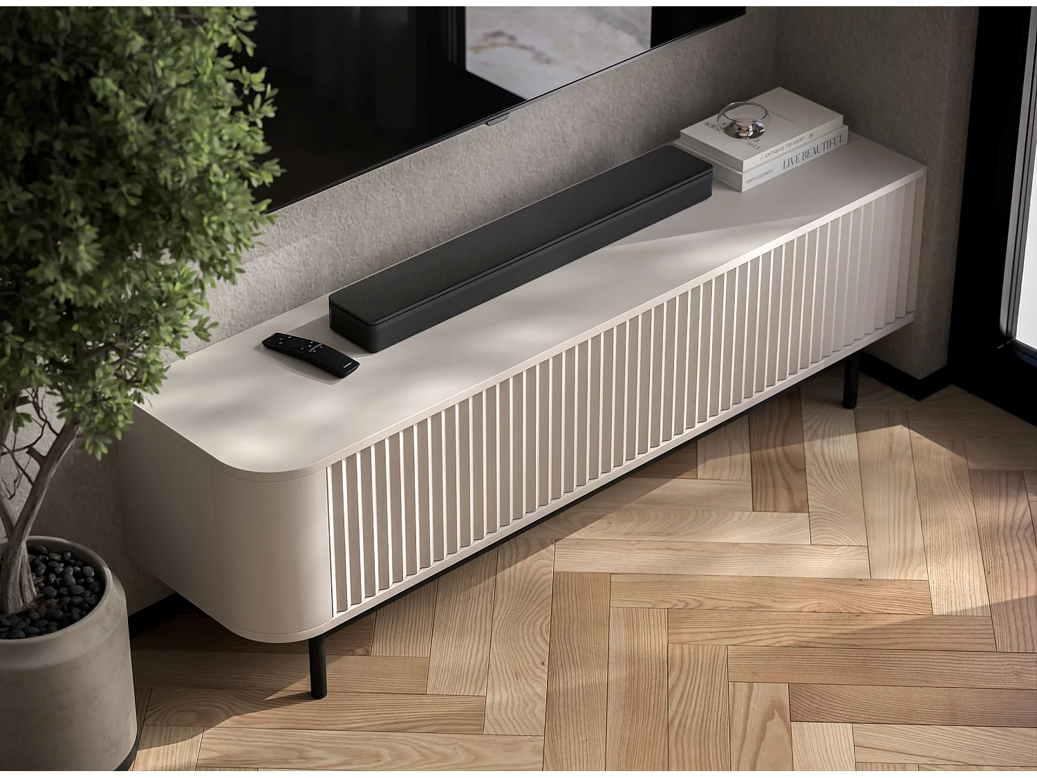 Mobile TV con 2 ante, frontali in rilievo, beige opaco, piedini in metallo nero, 140 cm - AURORA