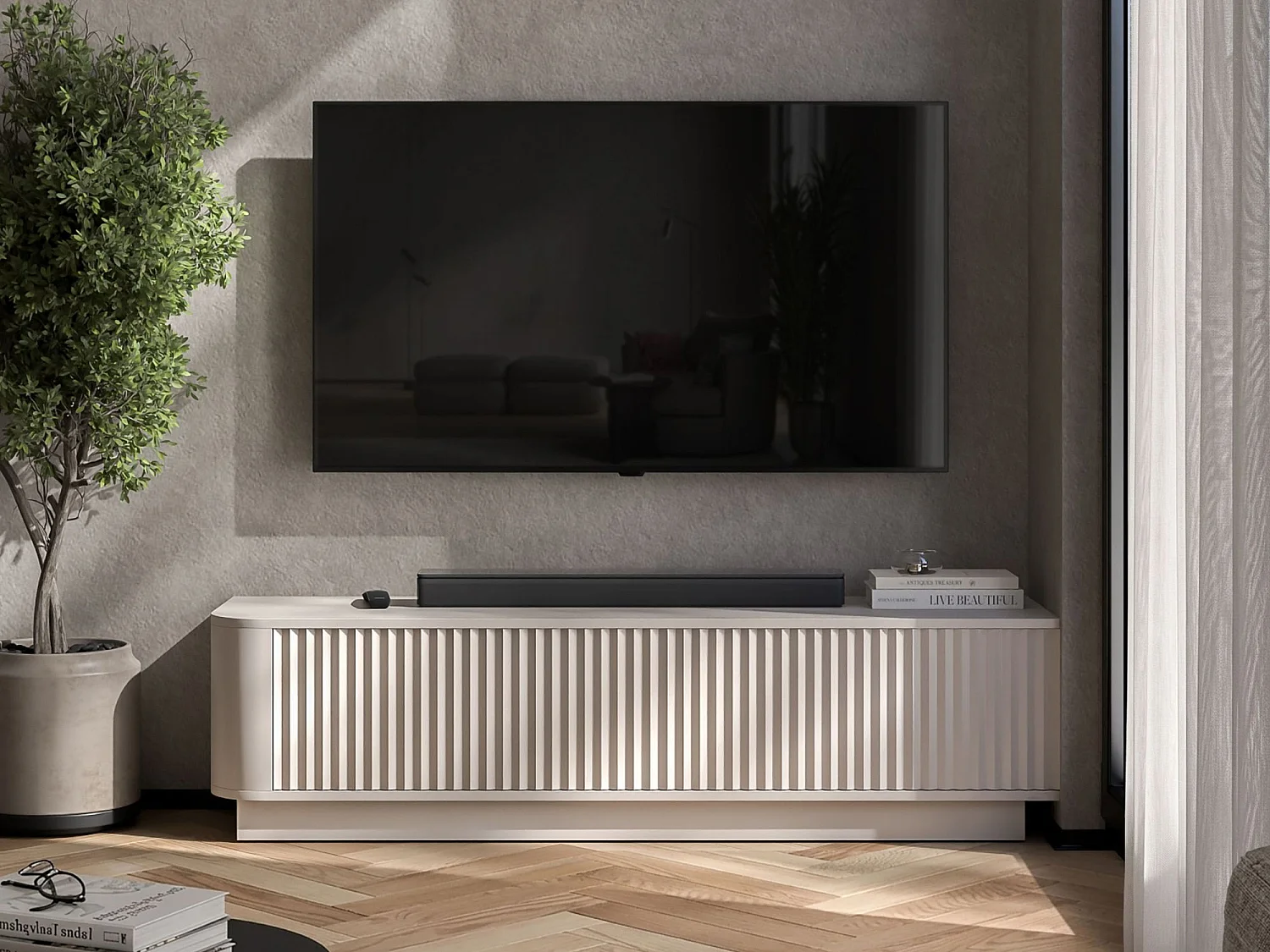 Mobile TV con 2 ante, frontali in rilievo, beige opaco, su zoccolo, 140 cm - AURORA