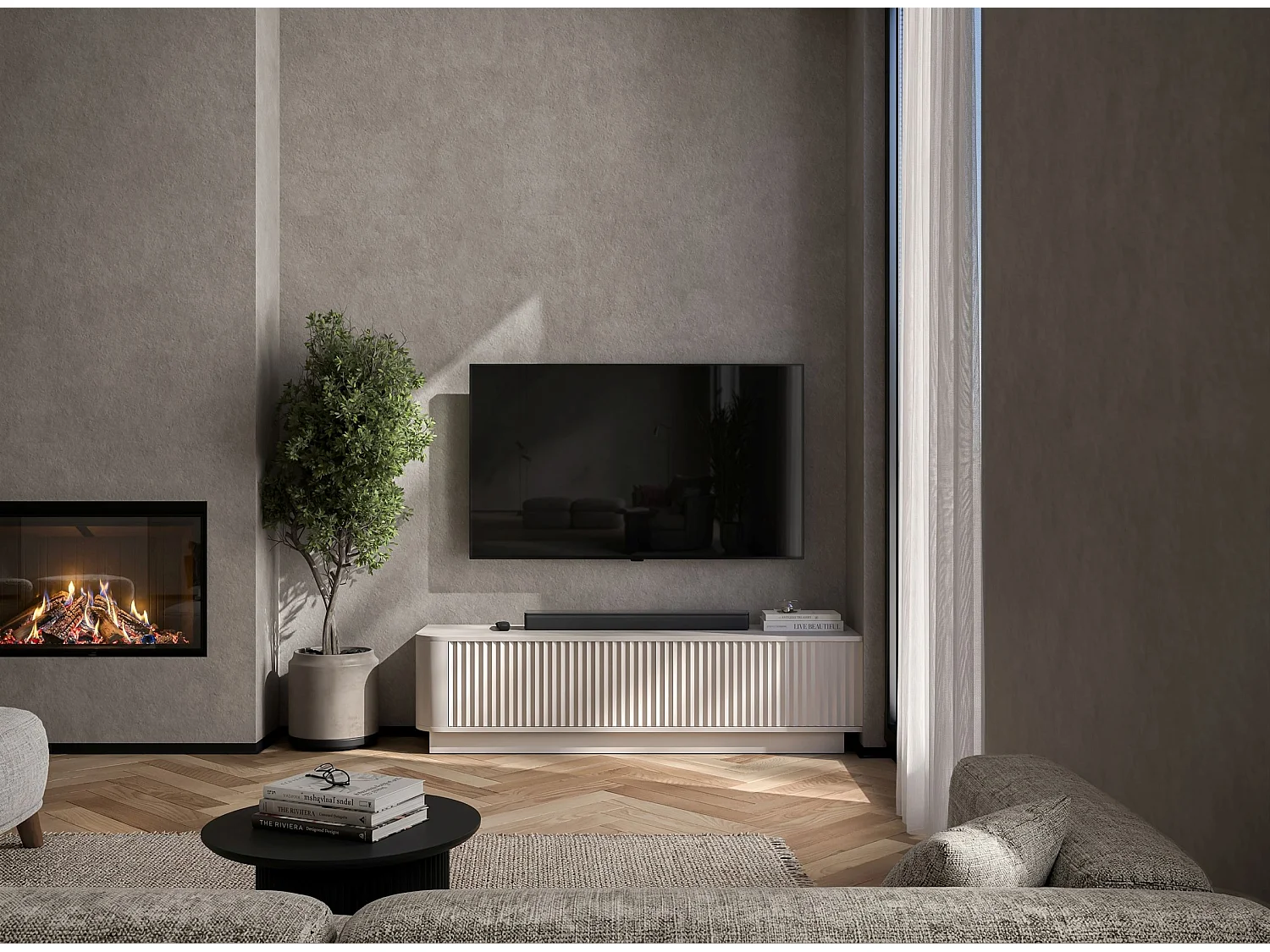 Mobile TV con 2 ante, frontali in rilievo, beige opaco, su zoccolo, 140 cm - AURORA