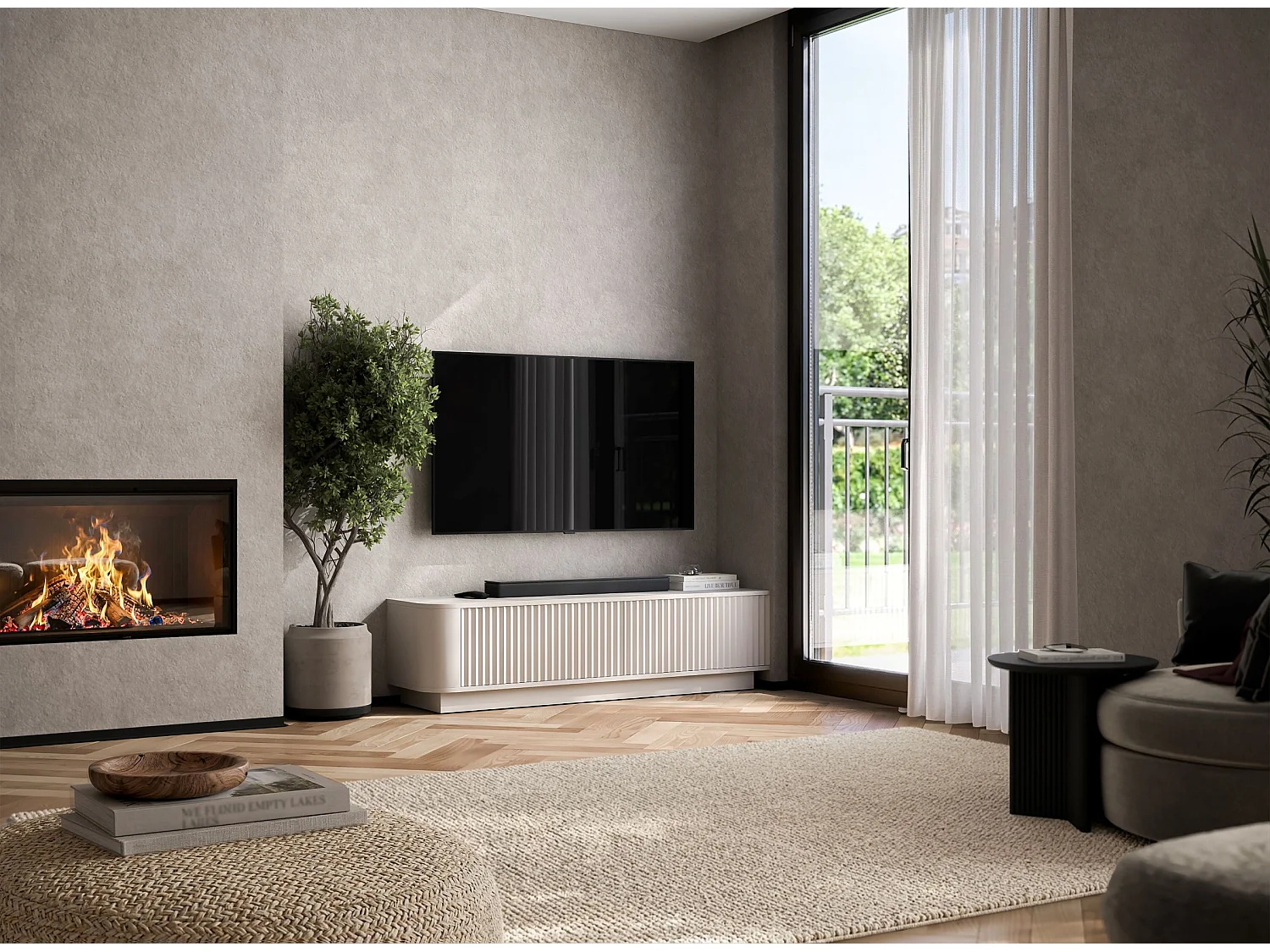 Mobile TV con 2 ante, frontali in rilievo, beige opaco, su zoccolo, 140 cm - AURORA