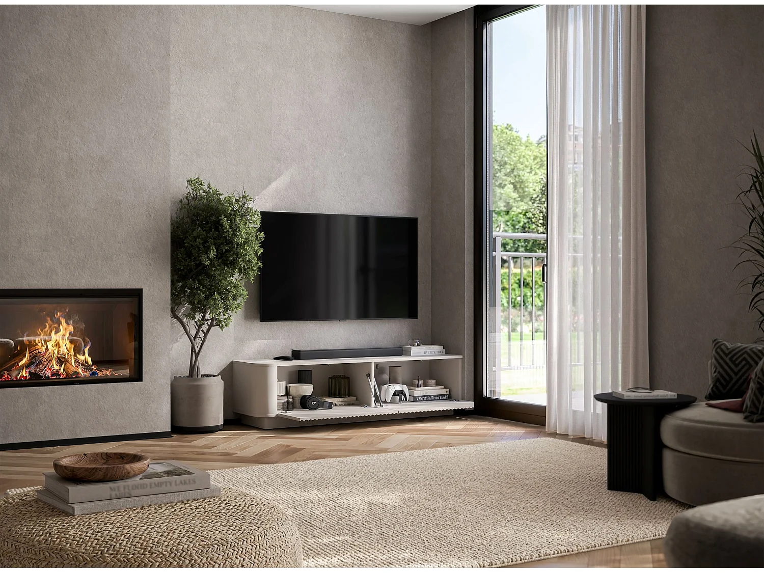 Mobile TV con 2 ante, frontali in rilievo, beige opaco, su zoccolo, 140 cm - AURORA