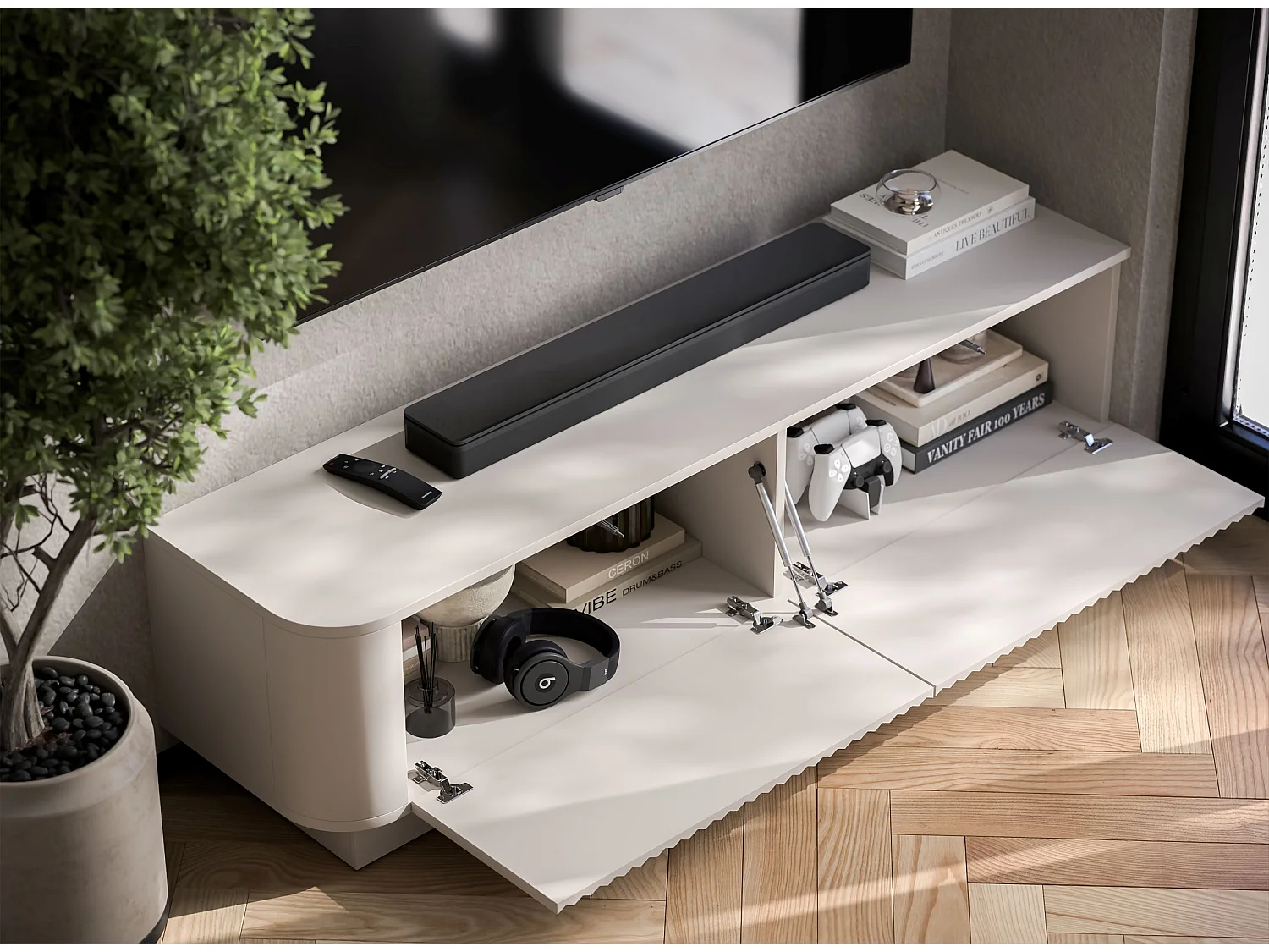 Mobile TV con 2 ante, frontali in rilievo, beige opaco, su zoccolo, 140 cm - AURORA