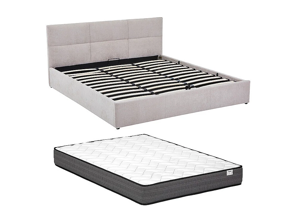 Lit coffre 180 x 200 cm - Tissu chenille - Beige + Matelas - YRENE