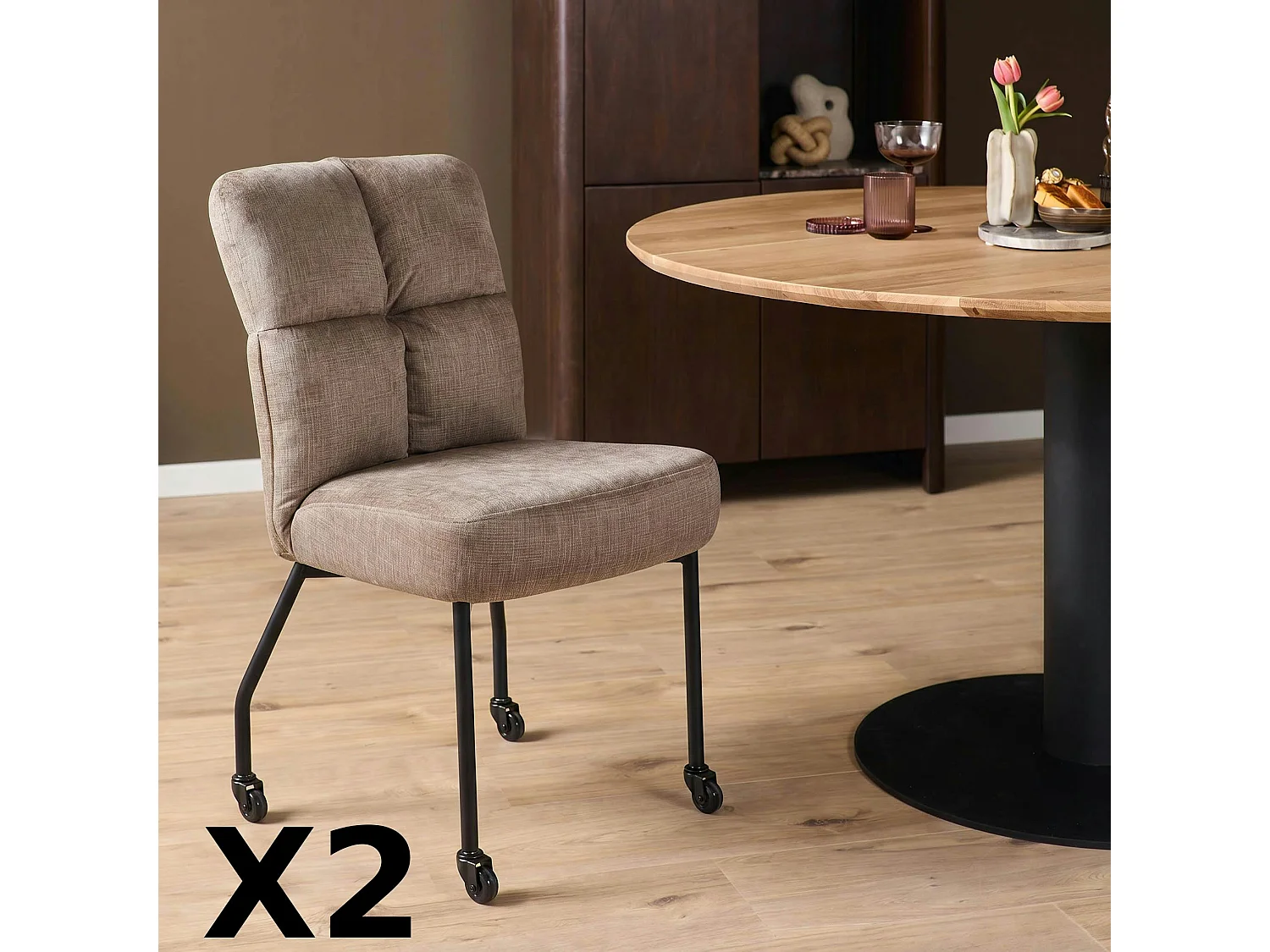 Chaise taupe tissu damier et roulettes (x2) KASO