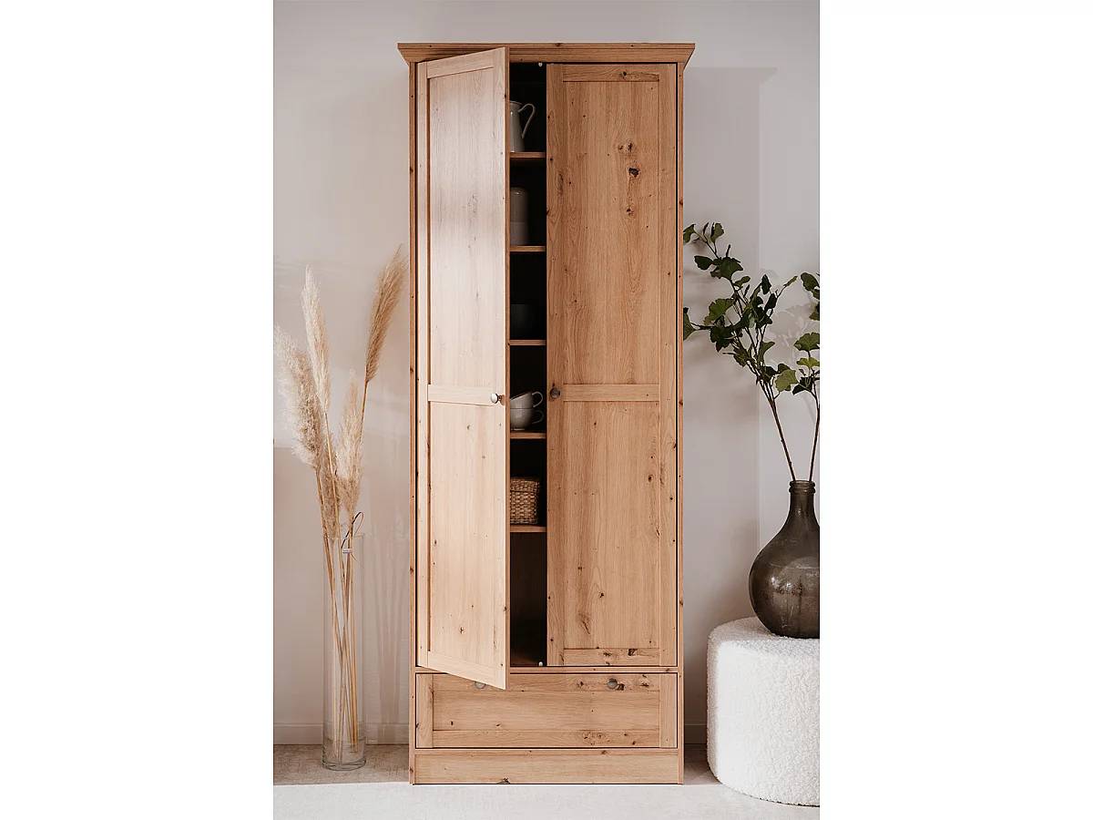 Armoire d'entrée 2 portes à cadre, 5 étagères et 1 tiroir L80 cm - TIMBER