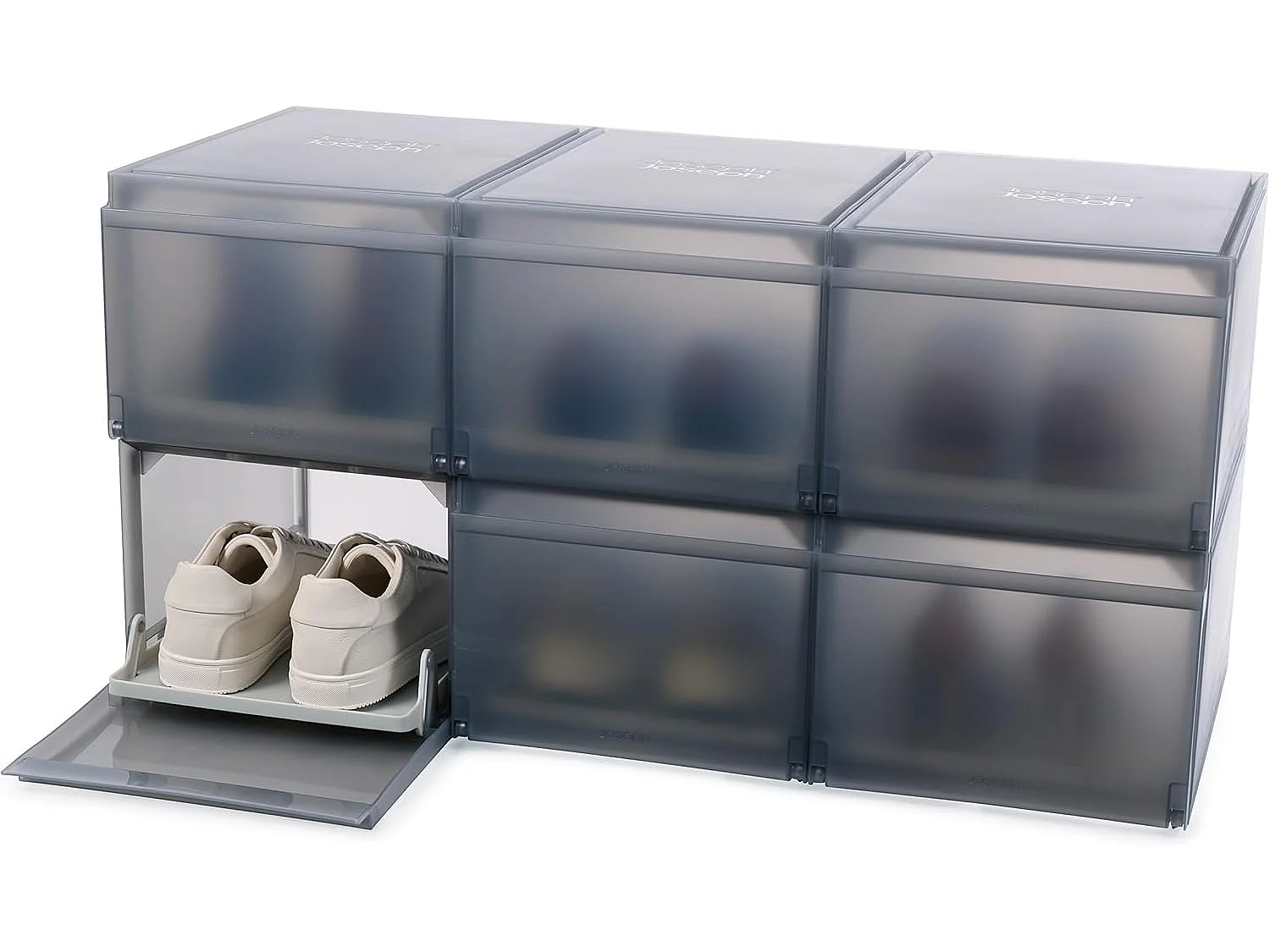 Boîte de rangement ShoeCase, 6 pièces, pour organiser les chaussures, design empilable, fenêtre transparente, matériau durable, couleur grise, facile à nettoyer.