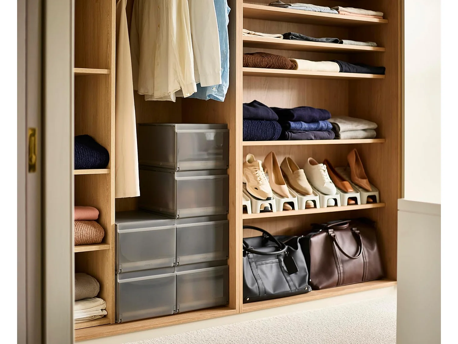 Boîte de rangement ShoeCase, 6 pièces, pour organiser les chaussures, design empilable, fenêtre transparente, matériau durable, couleur grise, facile à nettoyer.