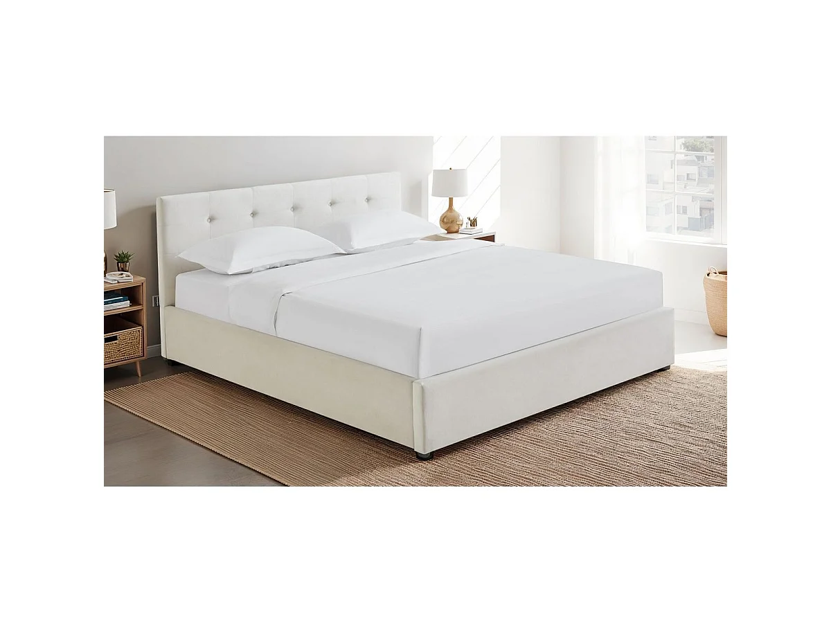 Ensemble Lit coffre adulte 140x190cm avec tête de lit en velours beige - Tina + Matelas mémoire de forme - Dual Confort