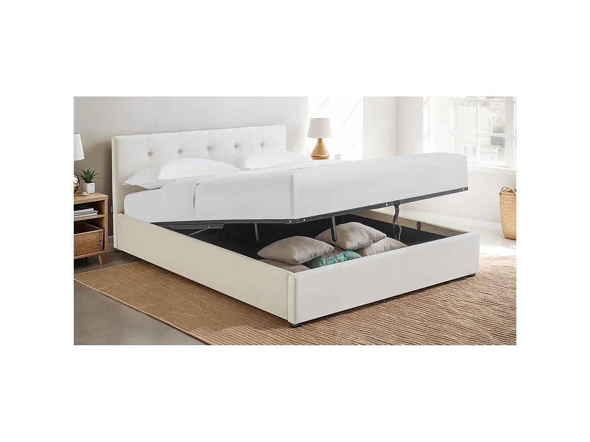 Ensemble Lit coffre adulte 140x190cm avec tête de lit en velours beige - Tina + Matelas mémoire de forme - Dual Confort