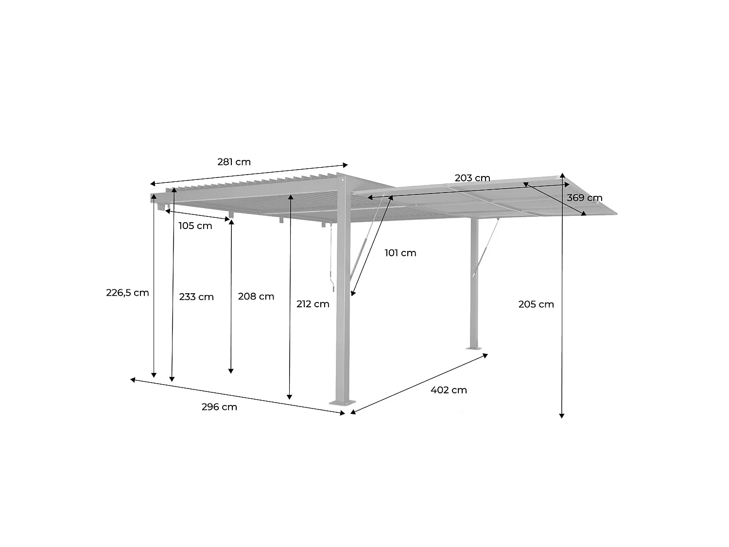 Pergola bioclimatique aluminium adossée 4x3m anthracite + 1 auvent 4m Palace