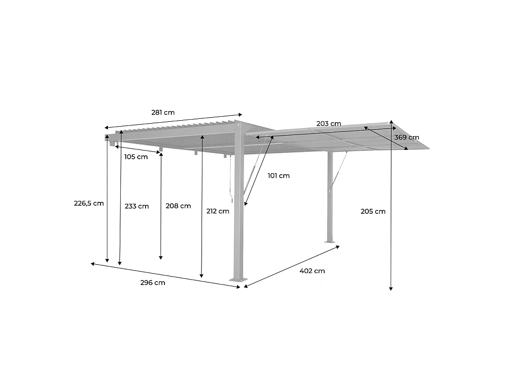 Pergola bioclimatica in alluminio addossata 3x4m + 1 tenda 4m, Palace 4x3m adossata + accessorio,