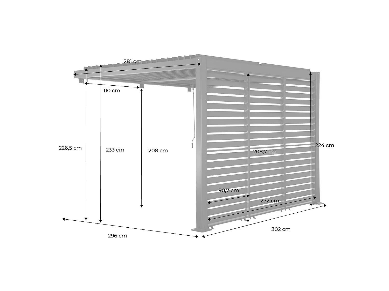 Pergola bioclimatica 3x3m in alluminio addossata + 3 persiane 1m con lamelle orientabili, Palace
