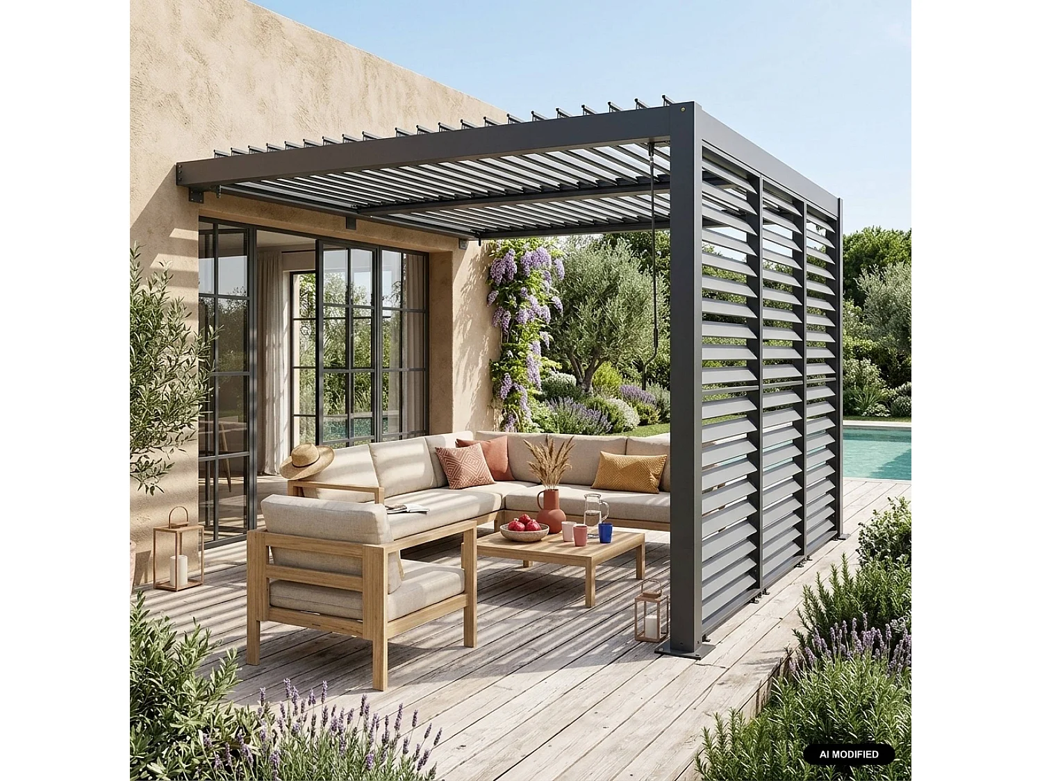 Pergola bioclimatica 3x3m in alluminio addossata + 3 persiane 1m con lamelle orientabili, Palace