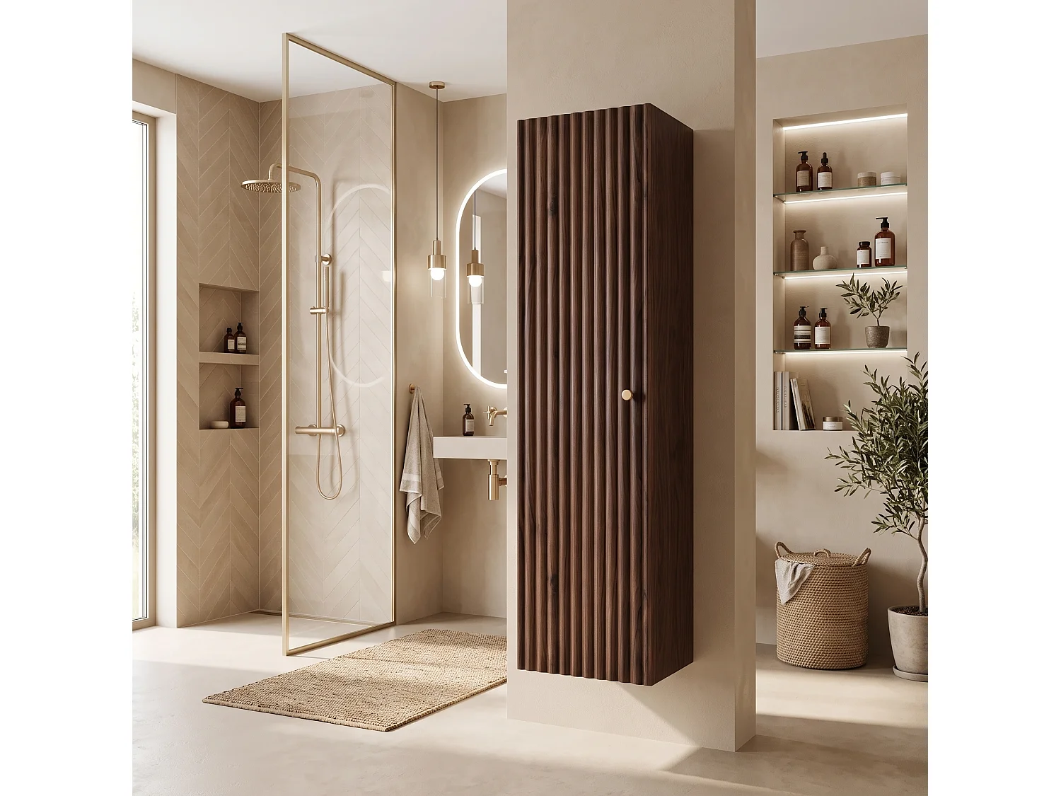 Columna de baño 136cm - Suspendido - Estriado Nogal - Mueble de baño estrecho – RODAN
