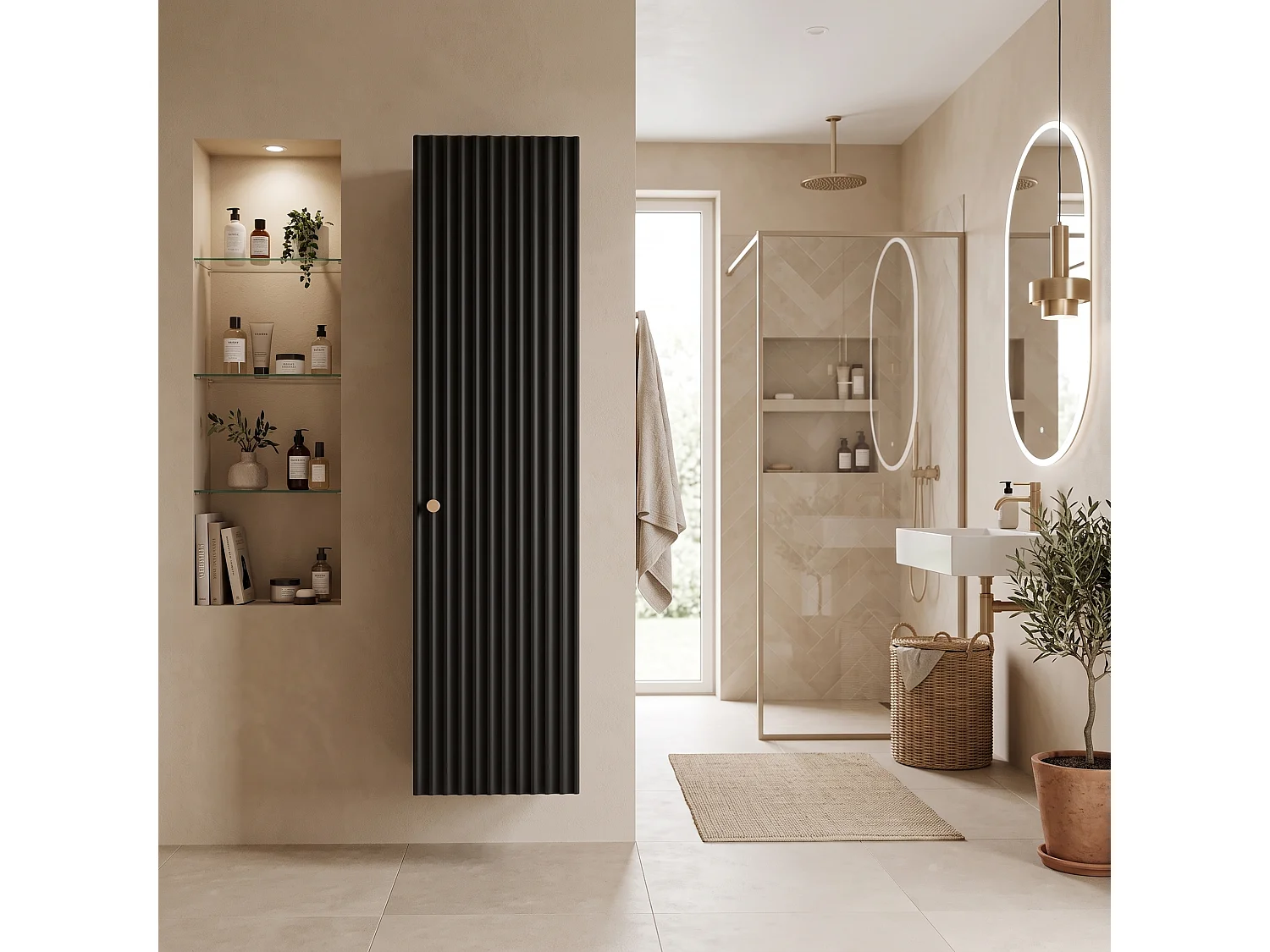Columna de baño 136cm - Suspendido - Estriado Negro - Mueble de baño estrecho – RODAN