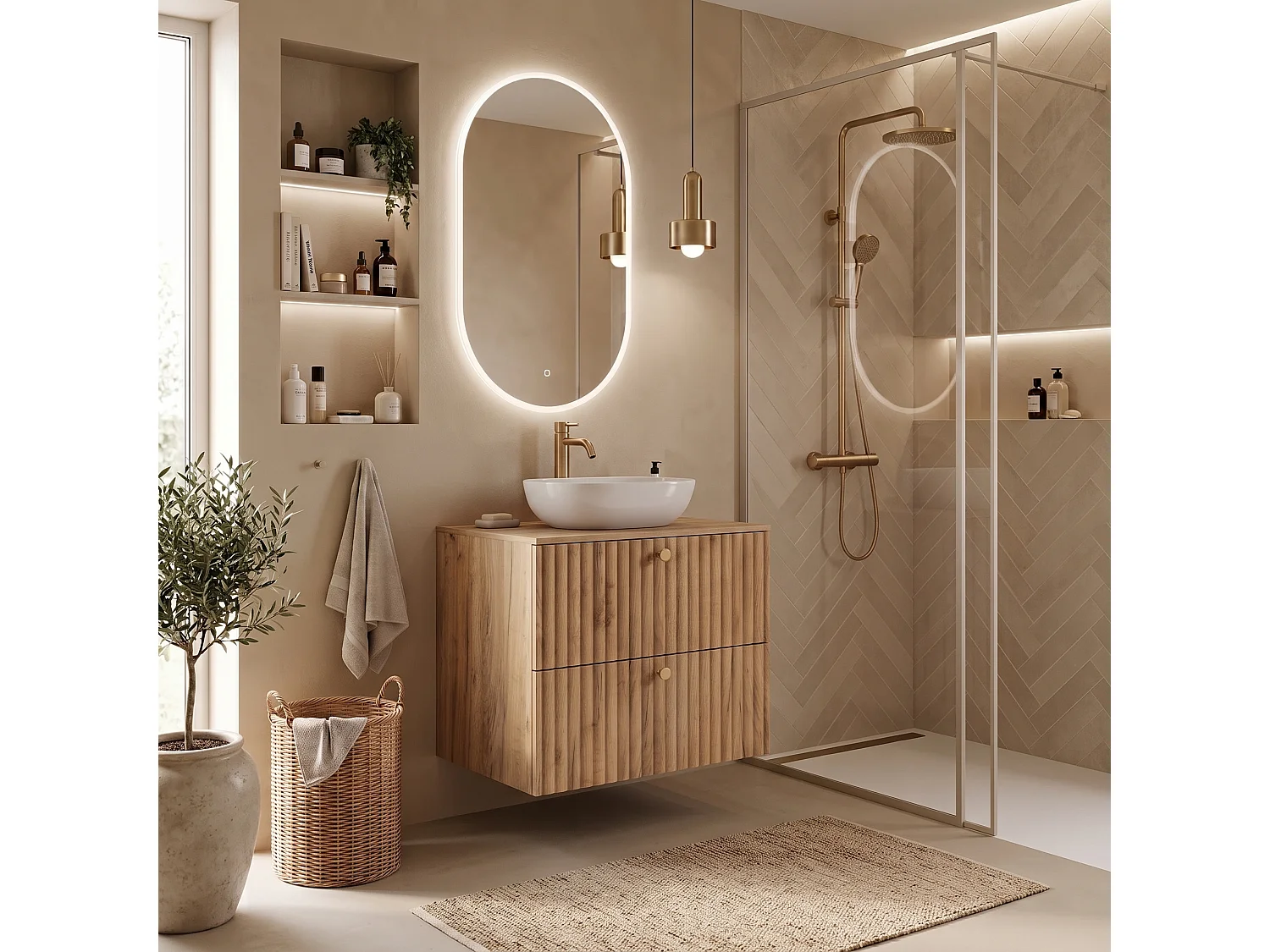 Meuble sous vasque 80cm - Suspendu - Strié Chêne - sans plan – RODAN