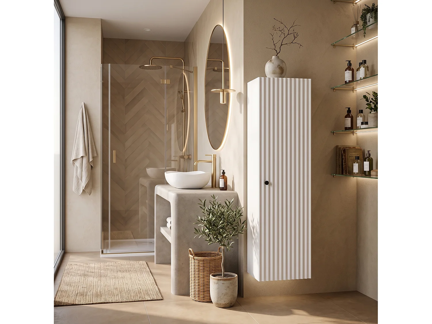Columna de baño 136cm - Suspendido - Estriado Blanco - Mueble de baño estrecho – RODAN