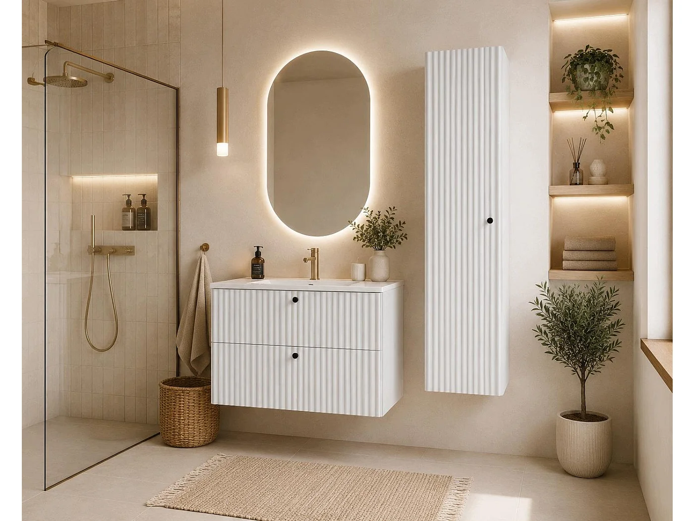 Columna de baño 136cm - Suspendido - Estriado Blanco - Mueble de baño estrecho – RODAN
