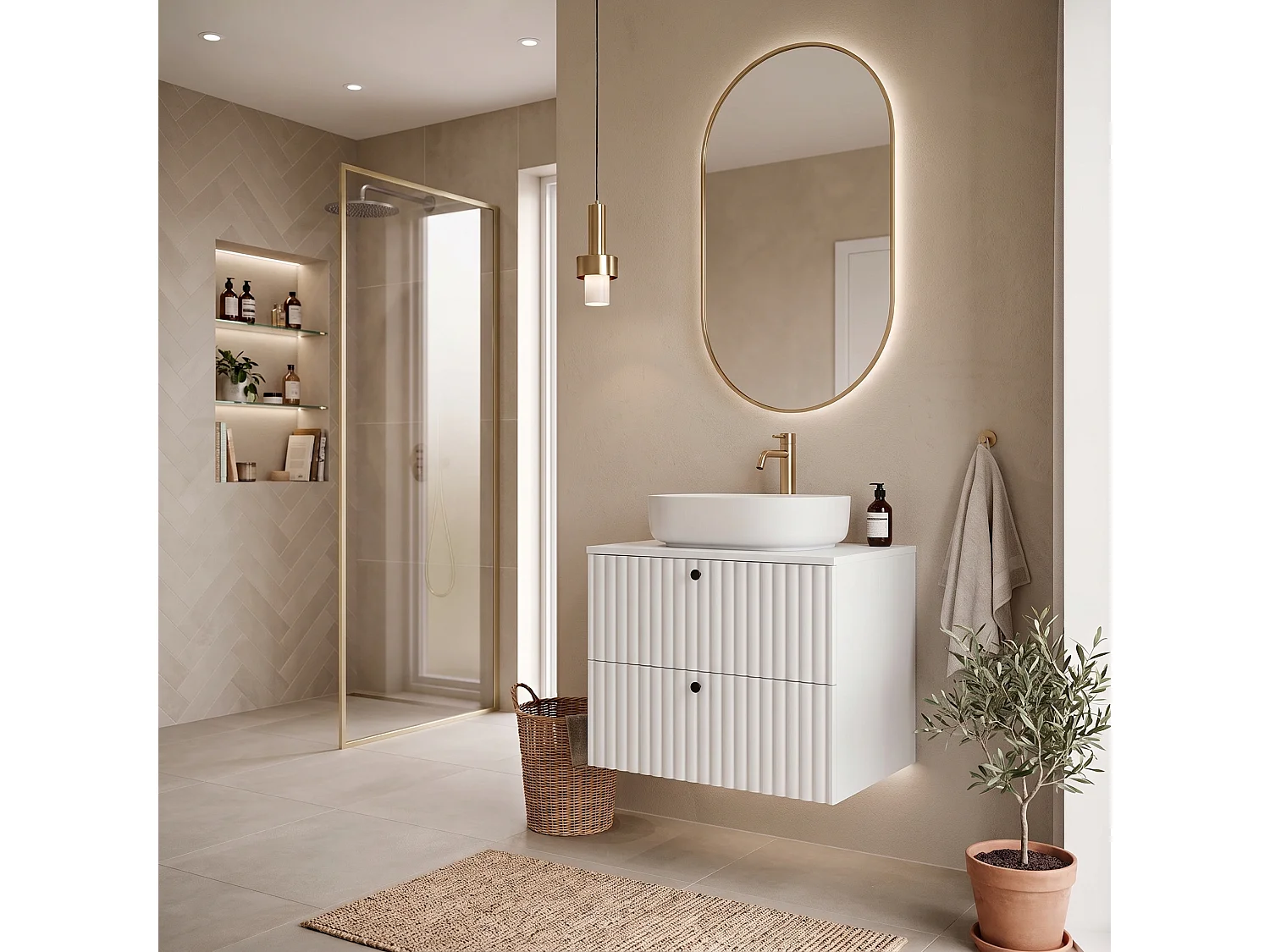 Mobile sottolavabo 80cm - Sospeso - Scanalato Bianco - senza piano – RODAN