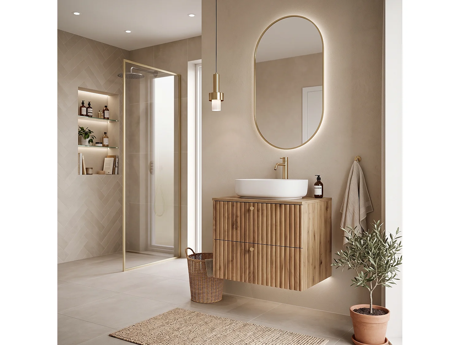 Meuble sous vasque 60cm - Suspendu - Strié Chêne - sans plan – RODAN