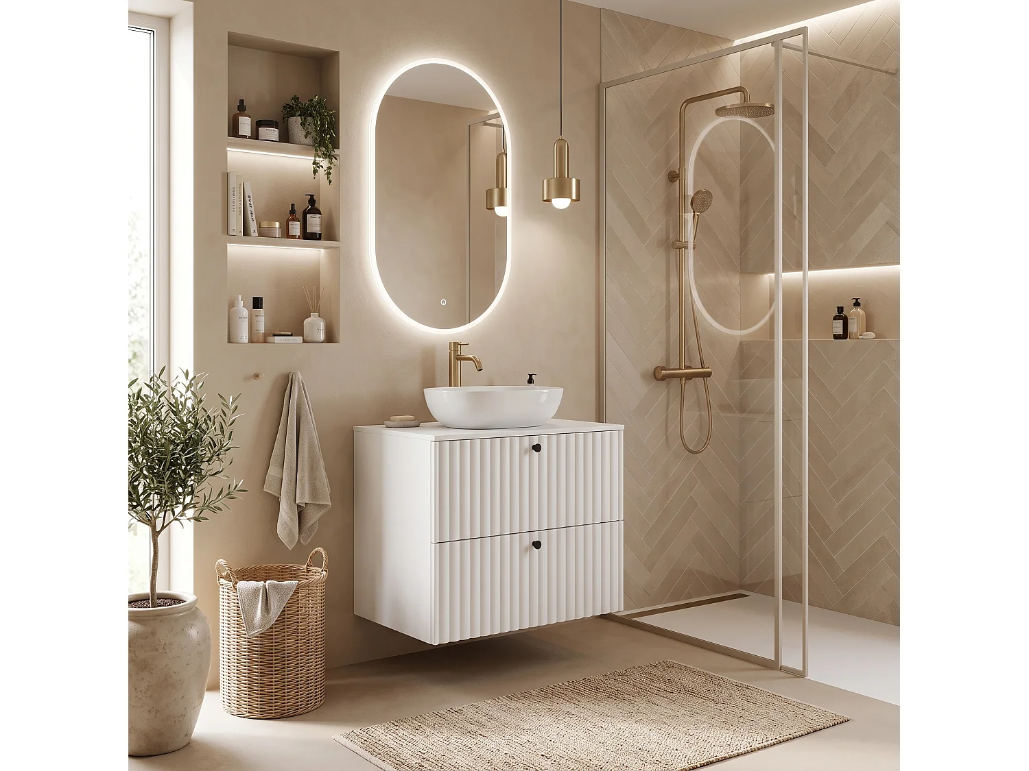 Mobile sottolavabo 60cm - Sospeso - Scanalato Bianco - senza piano – RODAN