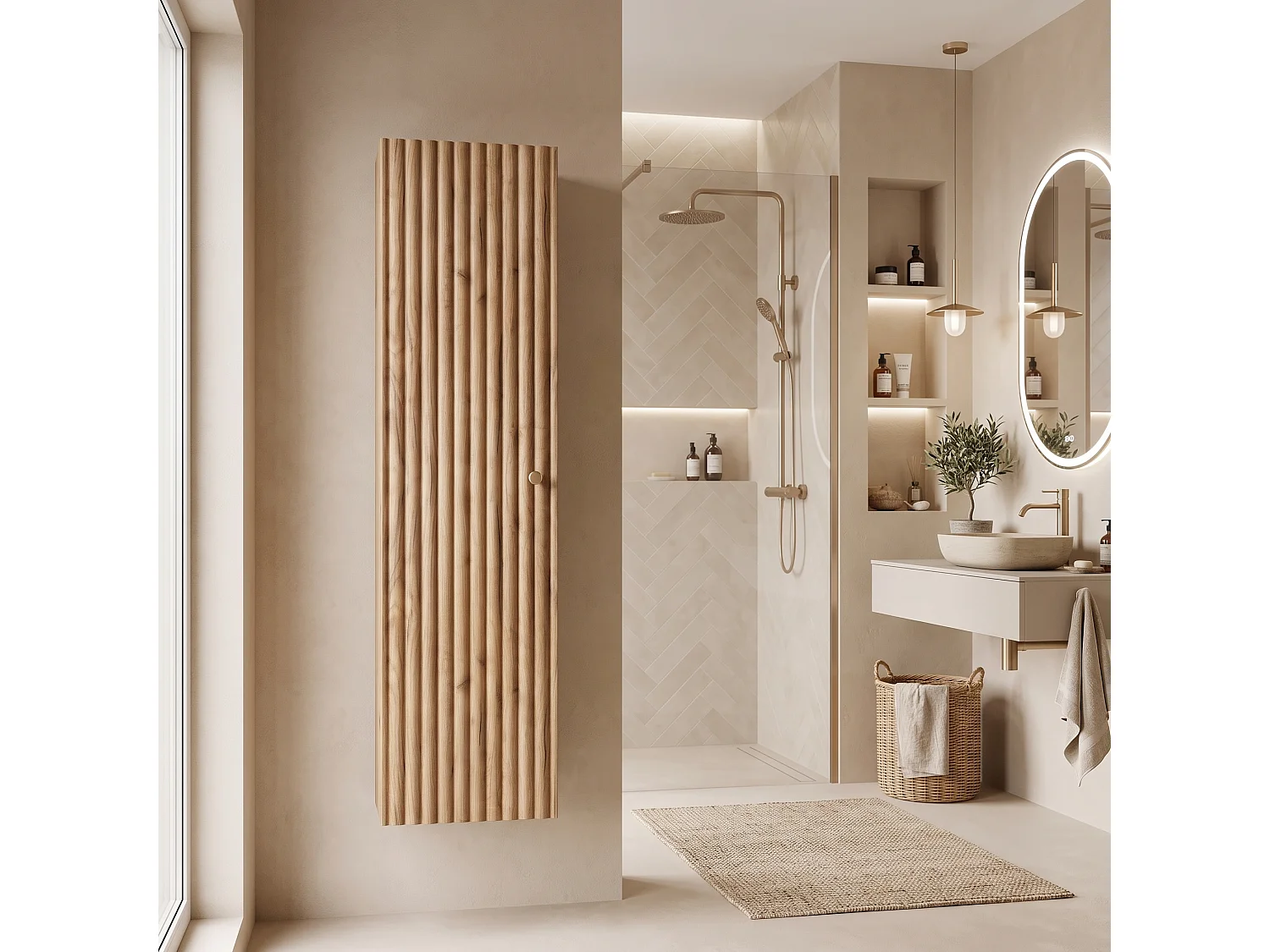 Columna de baño 136cm - Suspendido - Estriado Roble - Mueble de baño estrecho – RODAN