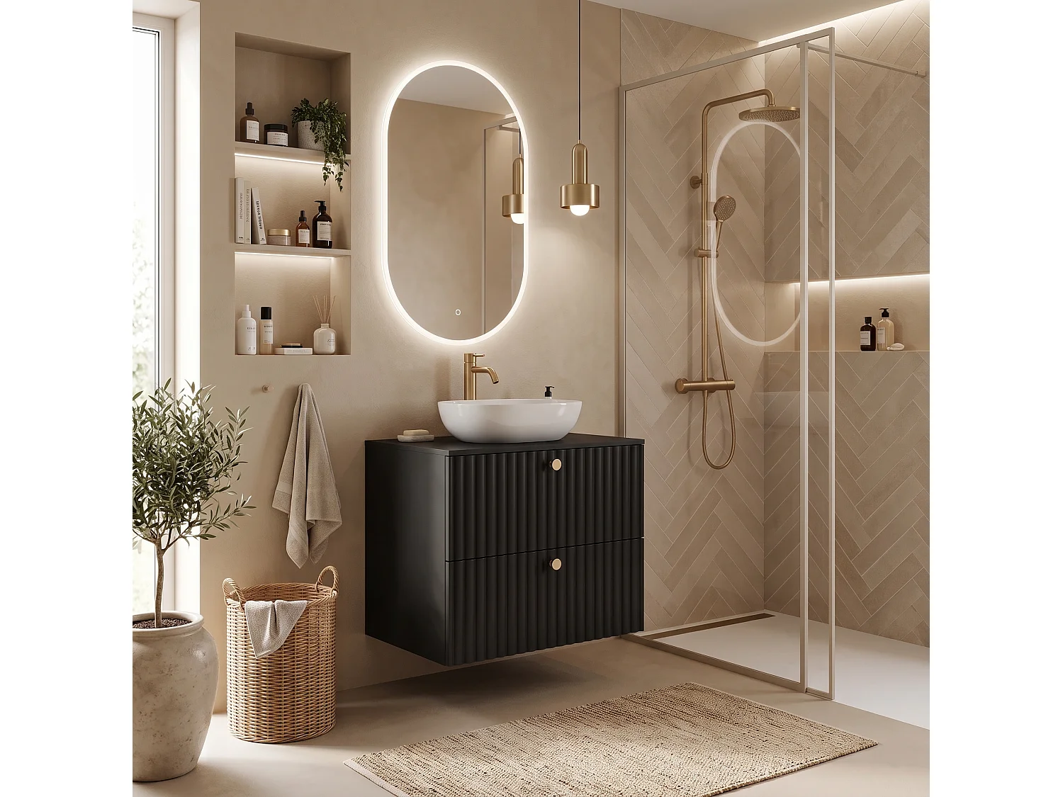 Meuble sous vasque 80cm - Suspendu - Strié Noir - sans plan – RODAN