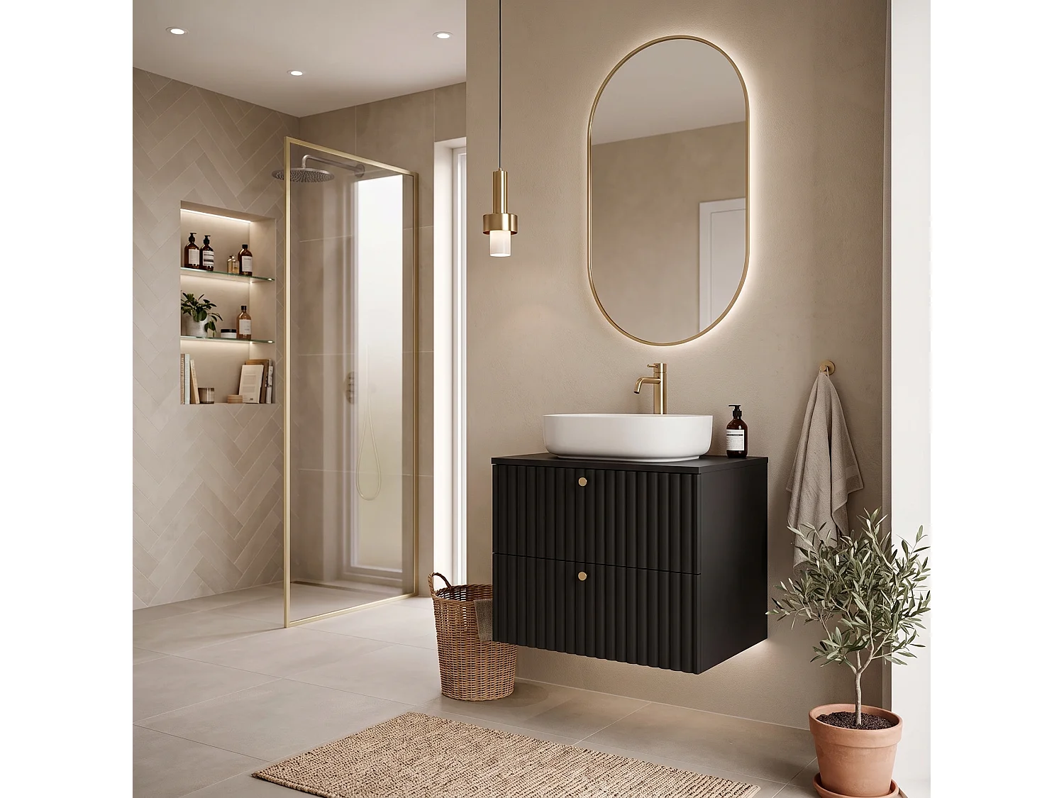 Meuble sous vasque 80cm - Suspendu - Strié Noir - sans plan – RODAN