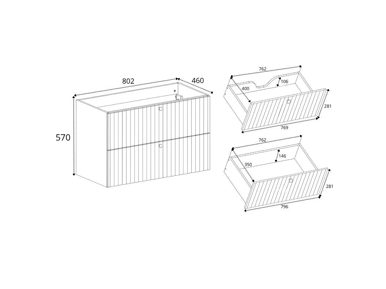 Meuble sous vasque 80cm - Suspendu - Strié Noir - sans plan – RODAN