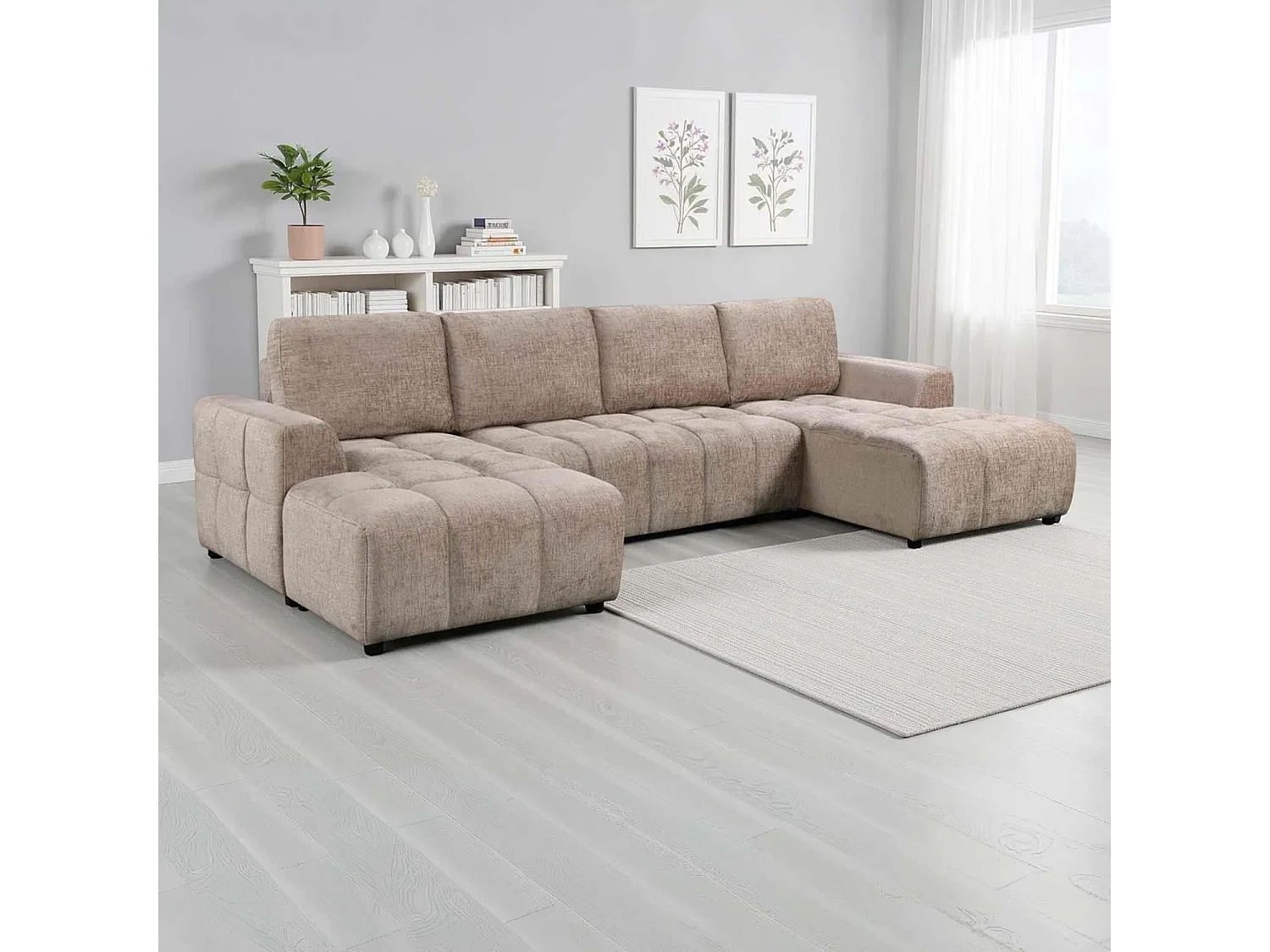Stanford Beige U Shaped Plush Velvet Sofa Bed with Storage