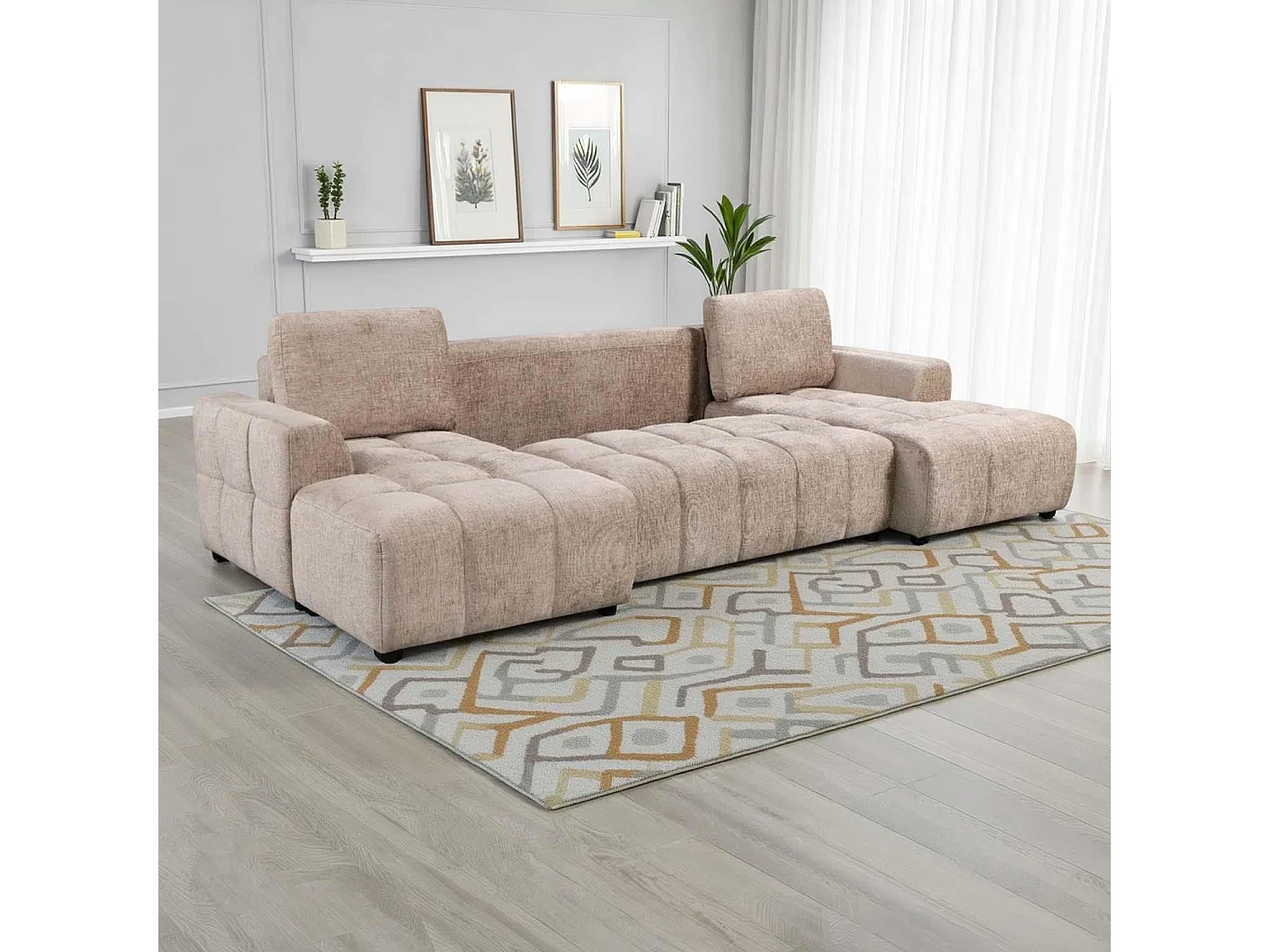 Stanford Beige U Shaped Plush Velvet Sofa Bed with Storage