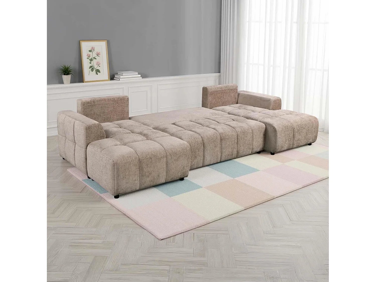 Stanford Beige U Shaped Plush Velvet Sofa Bed with Storage