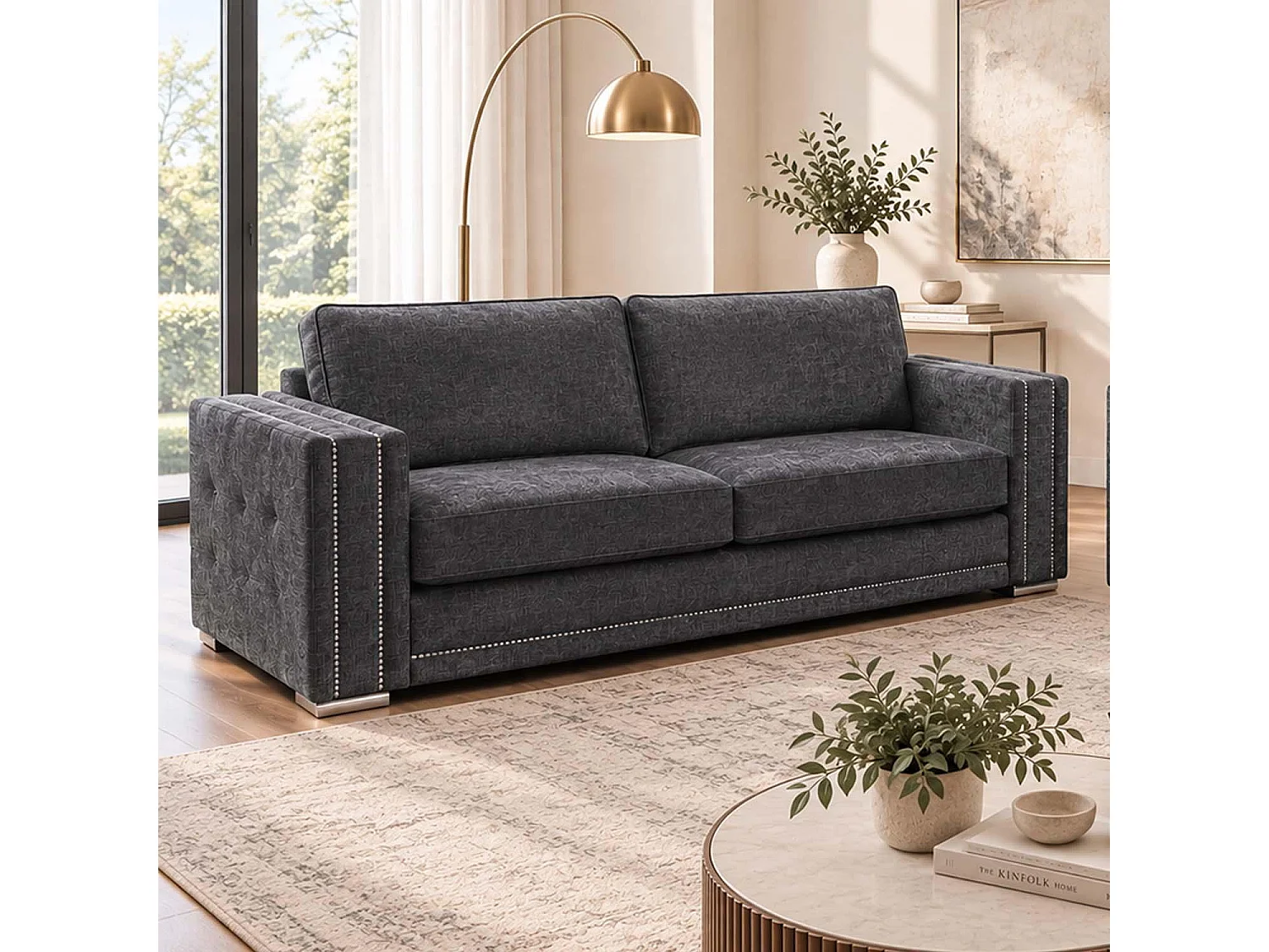 Brentford Grey Chenille 3 + 2 Sofa Suite Full Back Studded Detail