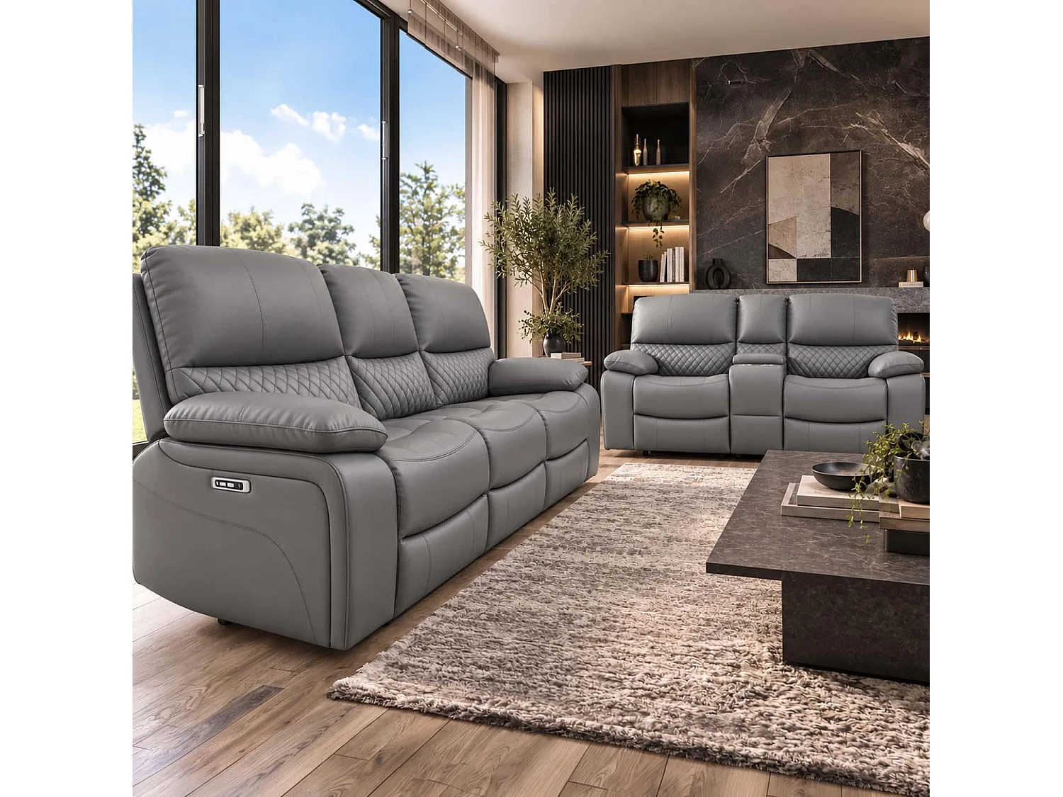 Bentley Grey Electric Recliner Sofa Suite 3 + 2 Seater, Eco Leather