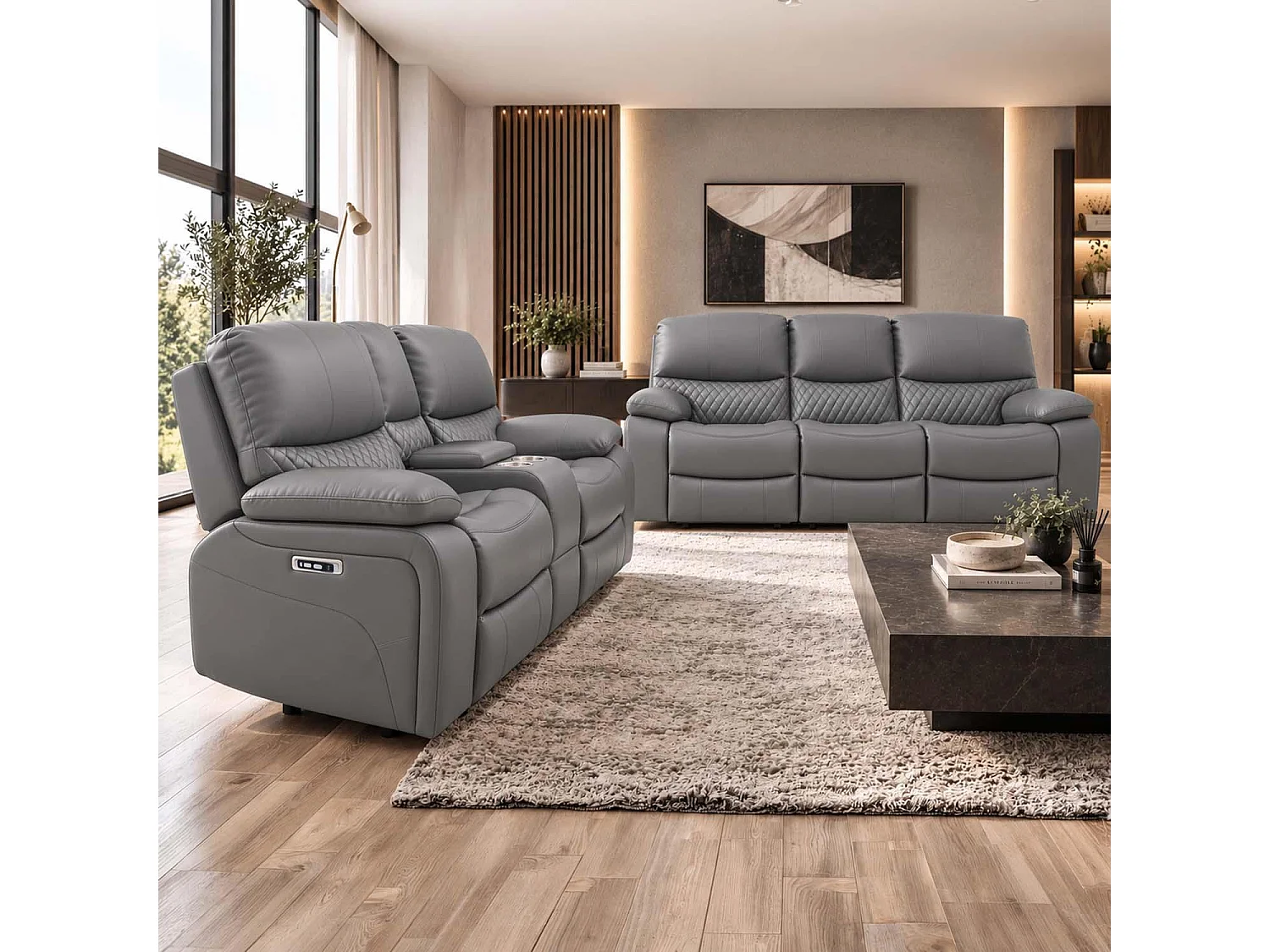 Bentley Grey Electric Recliner Sofa Suite 3 + 2 Seater, Eco Leather