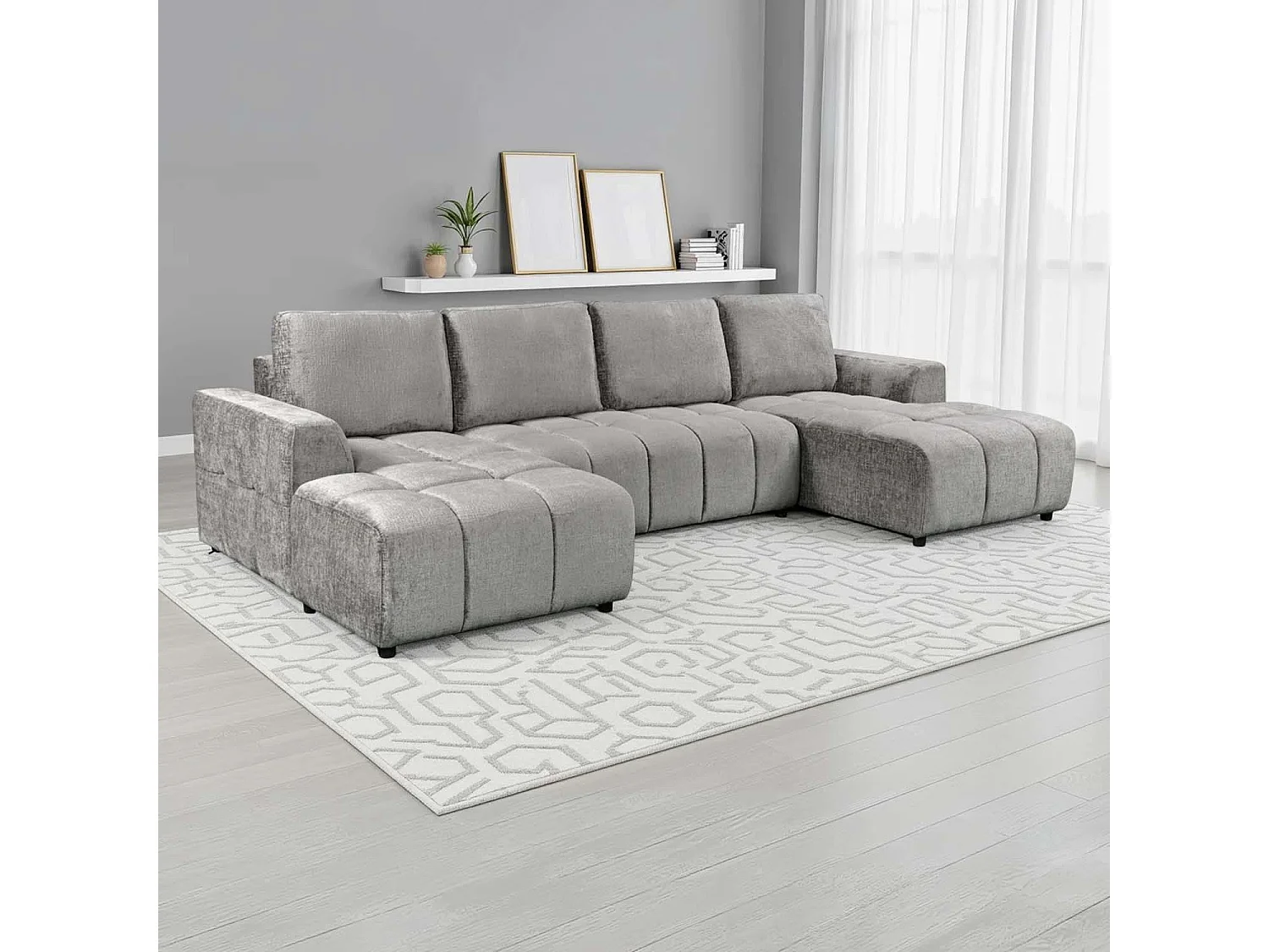 Stanford Grey U Shaped Plush Velvet Sofa Bed with Storage